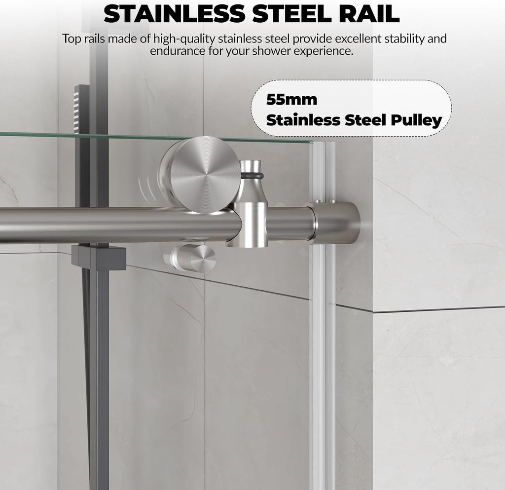 Frameless Bathtub Shower Door 56–60 inch W × 59 inch H, Sliding Tub Door with Fixed Panel, 8mm Tempered Glass, Stainless Steel Round Rail, Adjustable Shower Door for Bathroom
