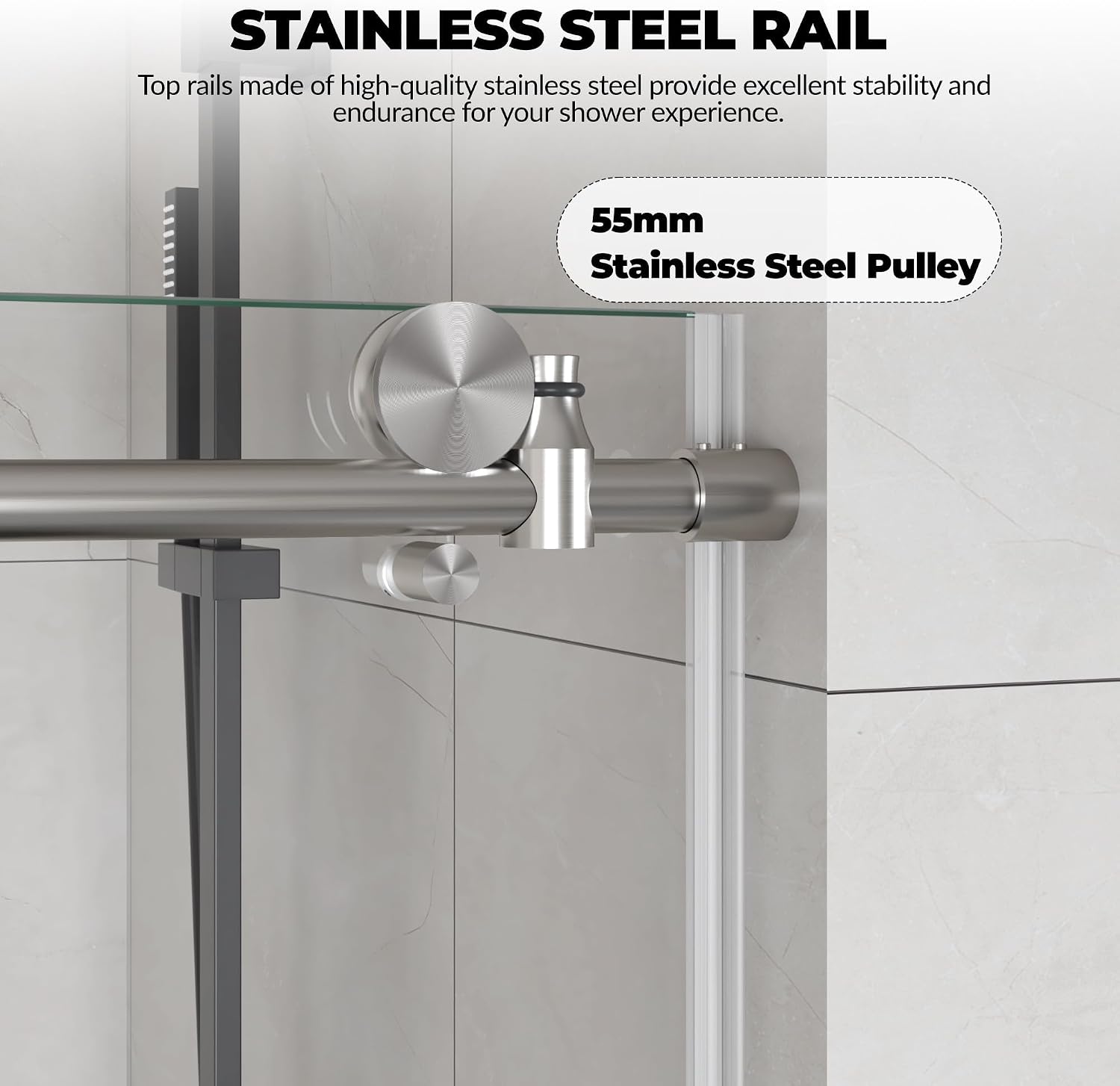 Sliding Shower Door 56–60 inch W× 76 inch H, Frameless Glass Shower Door with Round Stainless Steel Rail and 55mm Rollers, 6mm Tempered Glass, Brushed, Modern Shower Enclosure for Bathroom Remodeling