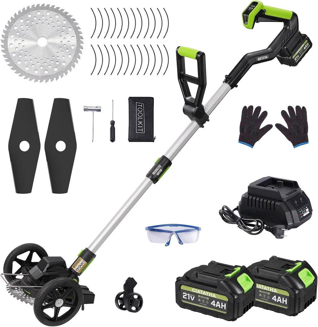 Electric Weed Wacker Cordless with Wheel, Brushless Grass Trimmer with 2 21V 4.0Ah Battery and Fast Charger, 3 Types of Blades String Trimmer, Weed Eater Battery Powered, Grass Cutter Machine