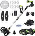Electric Weed Wacker Cordless with Wheel, Brushless Grass Trimmer with 2 21V 4.0Ah Battery and Fast Charger, 3 Types of Blades String Trimmer, Weed Eater Battery Powered, Grass Cutter Machine