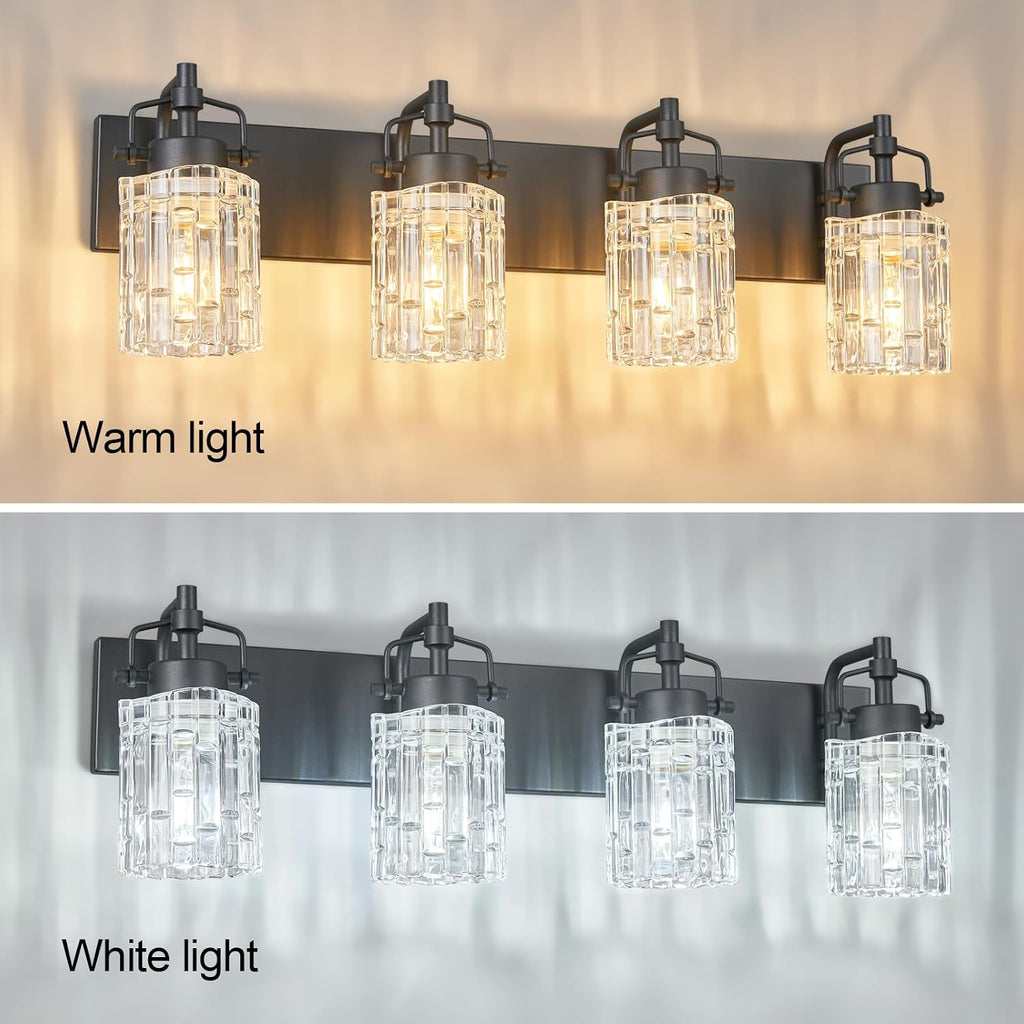 4 Light Crystal Glass Vanity Light, Black Bathroom Lighting Fixtures Over Mirror Modern Bath Wall Sconce Lighting for Bedroom Living Room