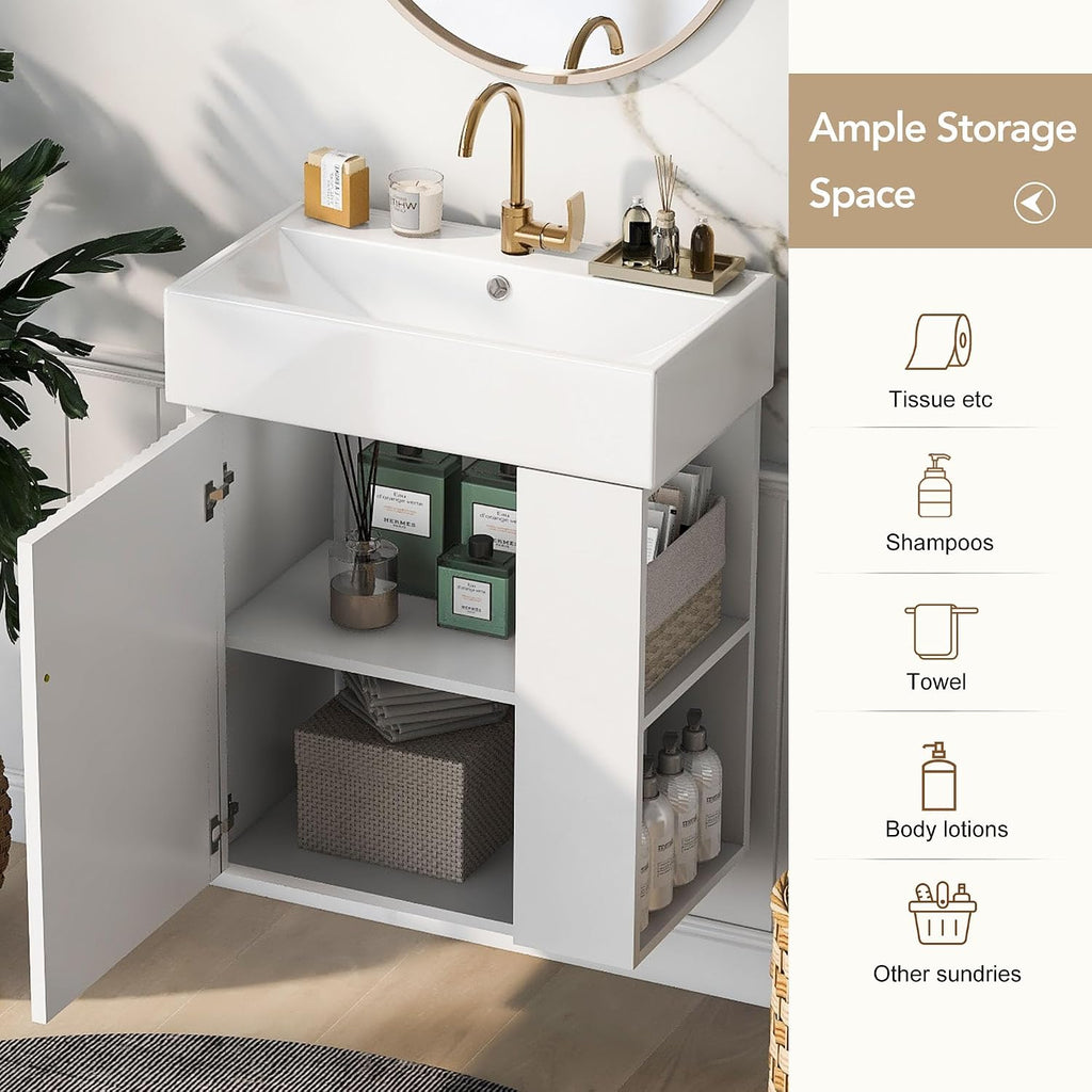 21.6-inch Bathroom Vanity with Sink, Wall-Mounted Vanity Storage Cabinet with One Door & Right Two-Tier Shelf, Solid Wood Organizer with Ceramic Sink for Bathroom, White