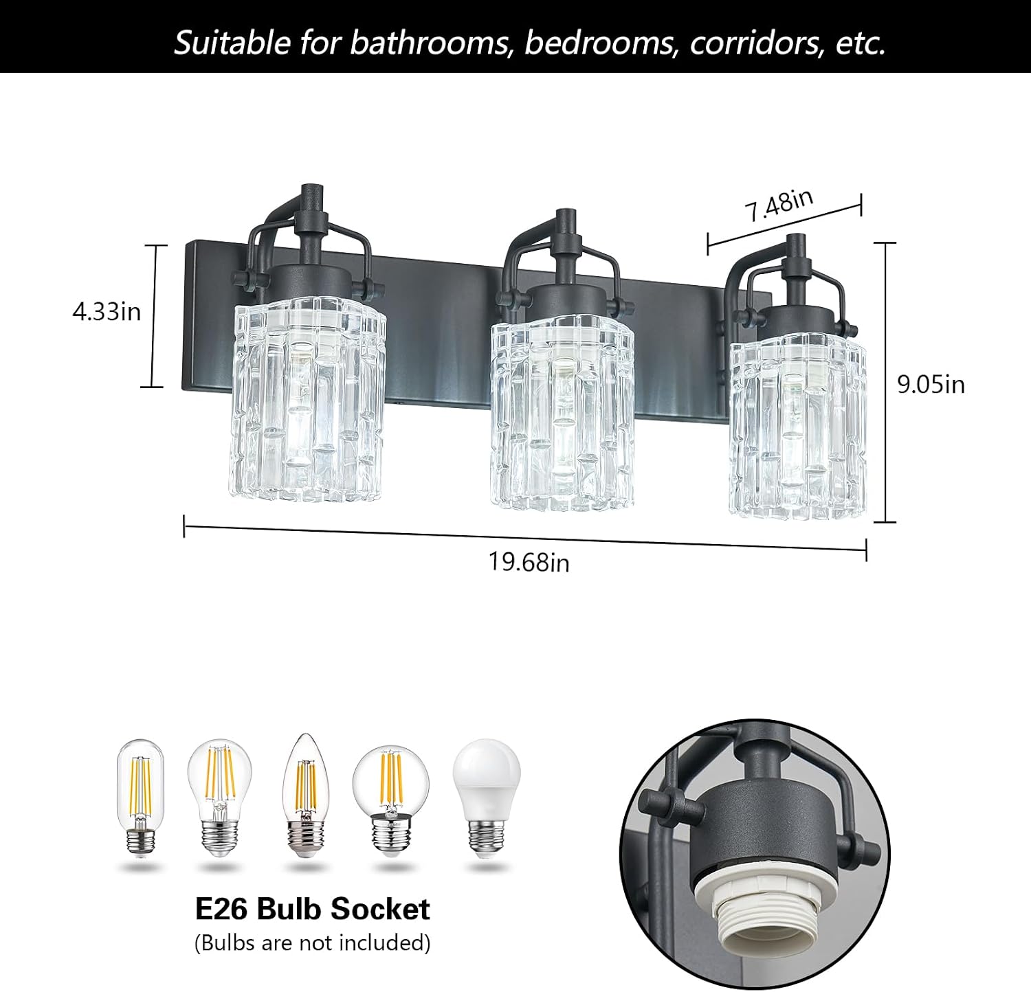 3 Light Crystal Glass Vanity Light, Black Bathroom Lighting Fixtures Over Mirror Modern Bath Wall Sconce Lighting for Bedroom Living Room