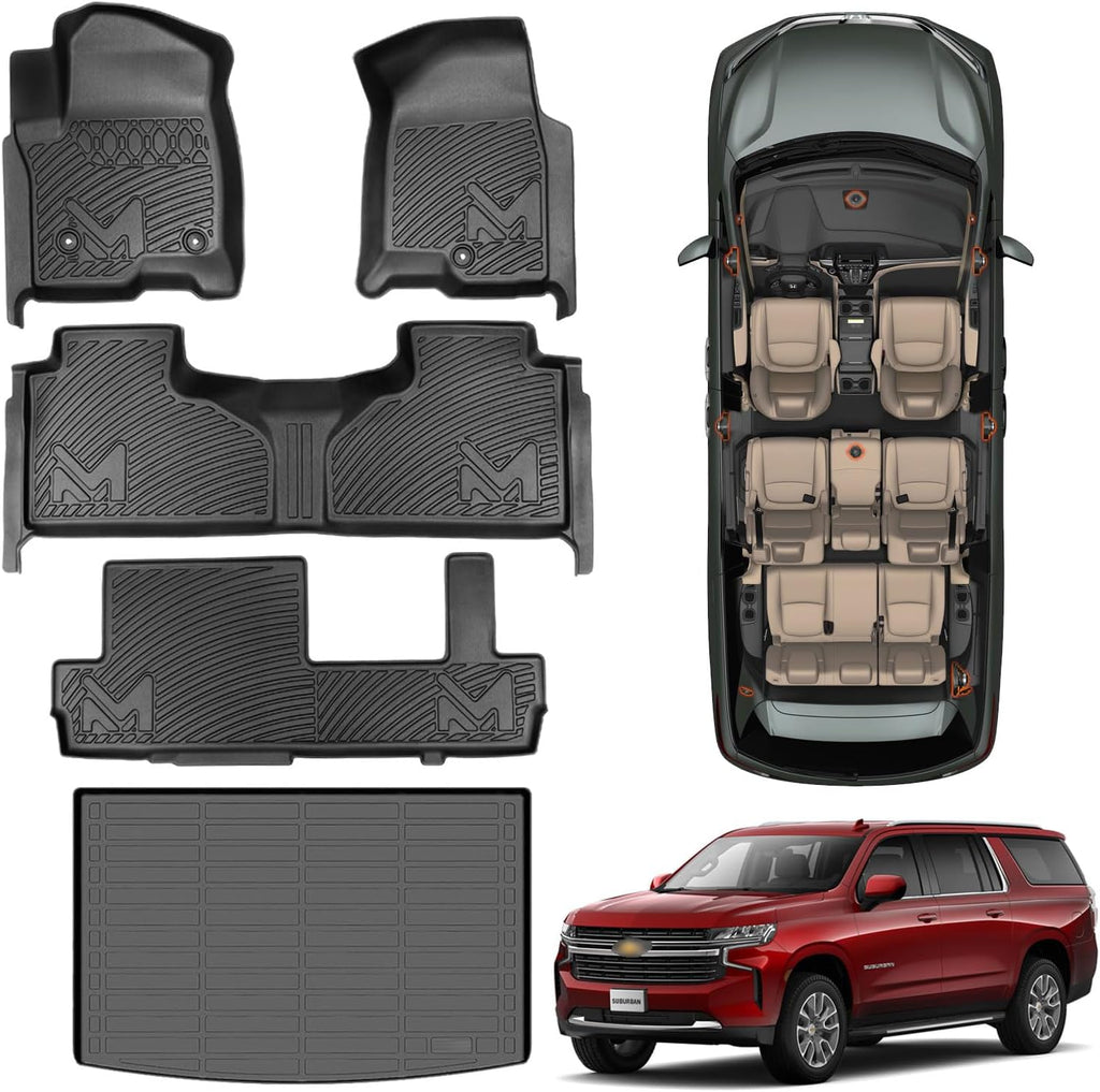 TPE Automotive Floor Mats & Cargo Liner Custom for 2021-2025 Chevy Suburban 8 Seats, All Weather Cover Protection Waterproof Black Liner Front & Rear Row Full Set Car Mats for 21-25 GMC Yukon XL, 5PCS