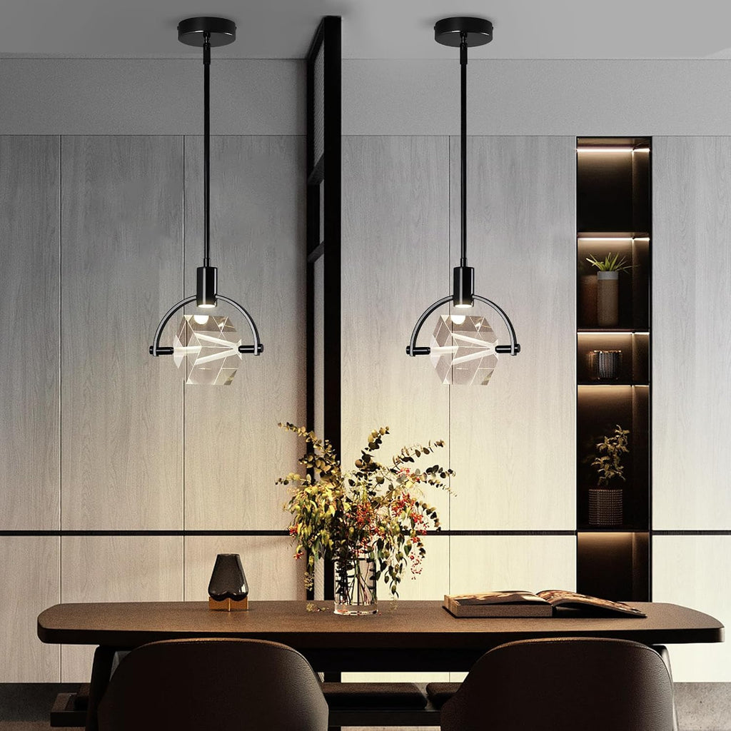 Pendant Ceiling Light Fixture for Kitchen Island, Modern Mini Integrated LED Hanging Light, Crystal Pendant Light in Black, Bedroom, Dining Room, Bar (1-Lights)