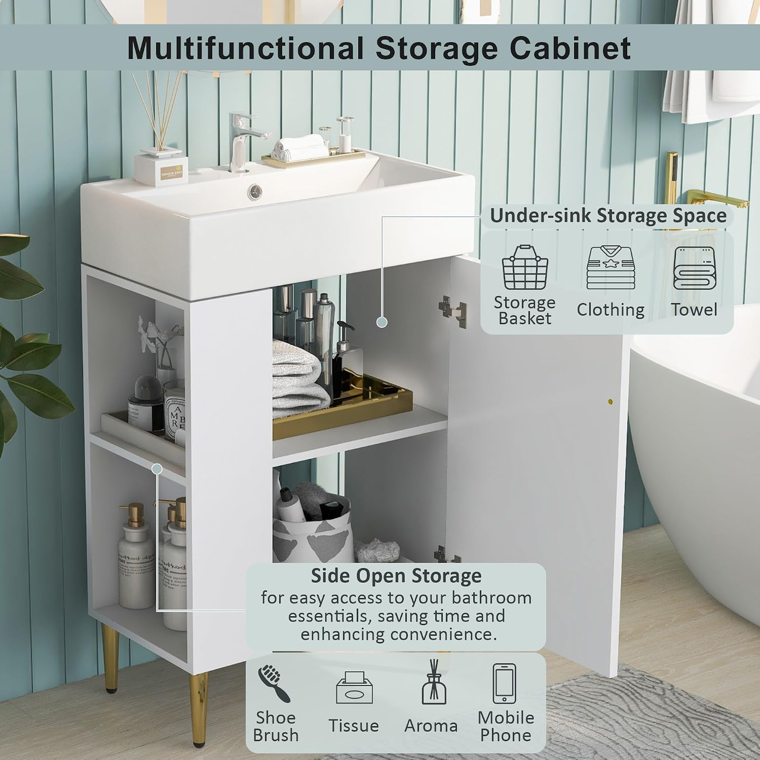 Merax 21.6' Single Sink Bathroom Vanity, Freestanding Bathroom Vanity with Open Shlef, Wood Bathroom Cabinet with Ceramic Basin Sink Top, White