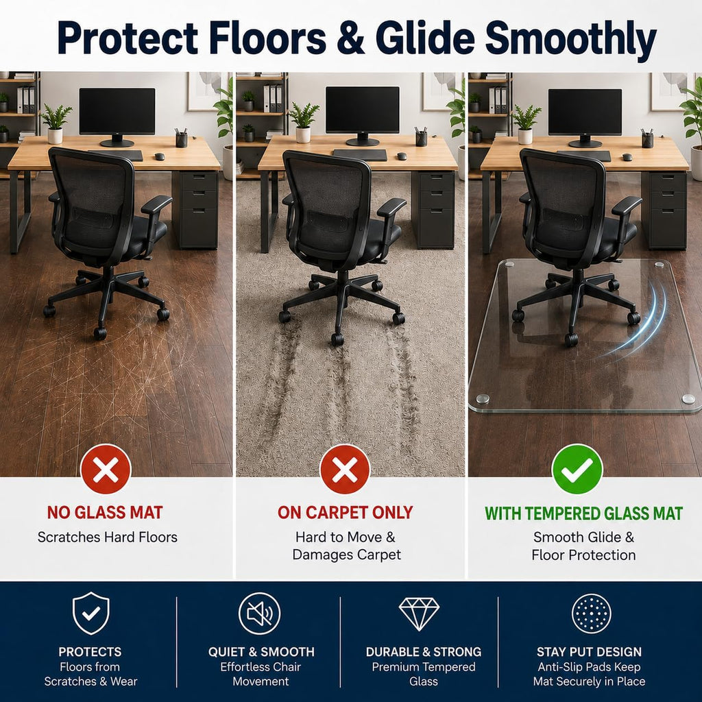 48 x 72 Inch Glass Chair Mat, 1/5 Inch Thick Tempered Glass Office Chair Mat for Carpet and Hardwood Floors, Heavy Duty Clear Desk Floor Protector with Rounded Corners and 8 Non-Slip Pads