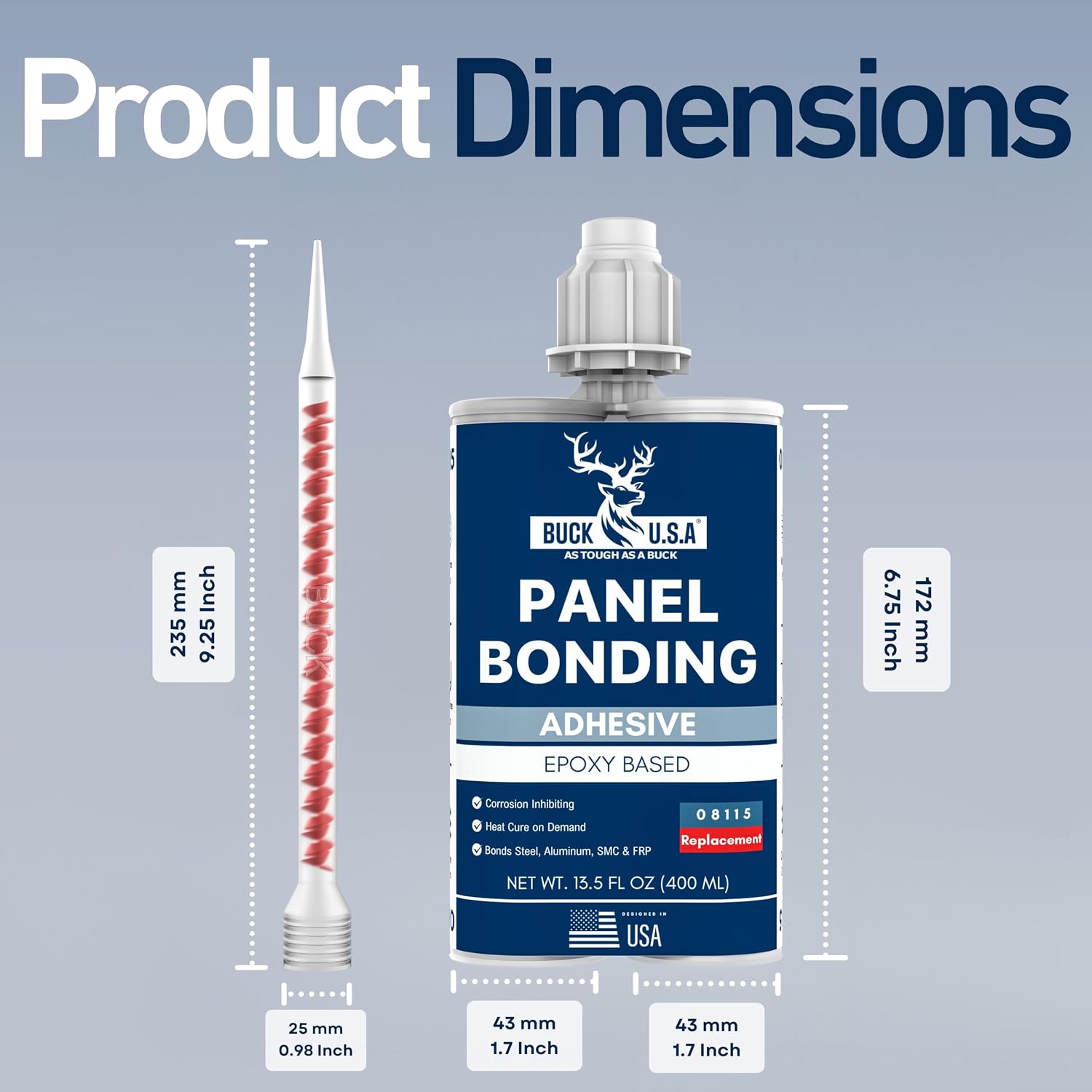 2 Pack Buck Panel Bonding Adhesive, Two-Part Epoxy, 400 ml/13.5 fl oz Cartridge, 08115 Replacement, Heavy Duty Metal Glue for Automotive Use, Bonds w/Steel, Aluminum, Plastic, OEM Recommended, Black