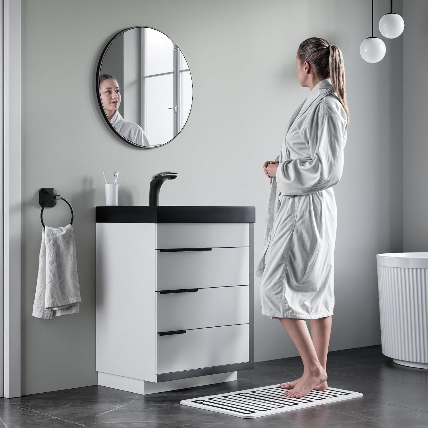Dowell 24'Single Bathroom Vanity Set- Freestanding Glossy White Vanity with Black Accents,Matte Black Resin Basin,Three Soft-Close Drawers-024 24 21V/2418BPBL
