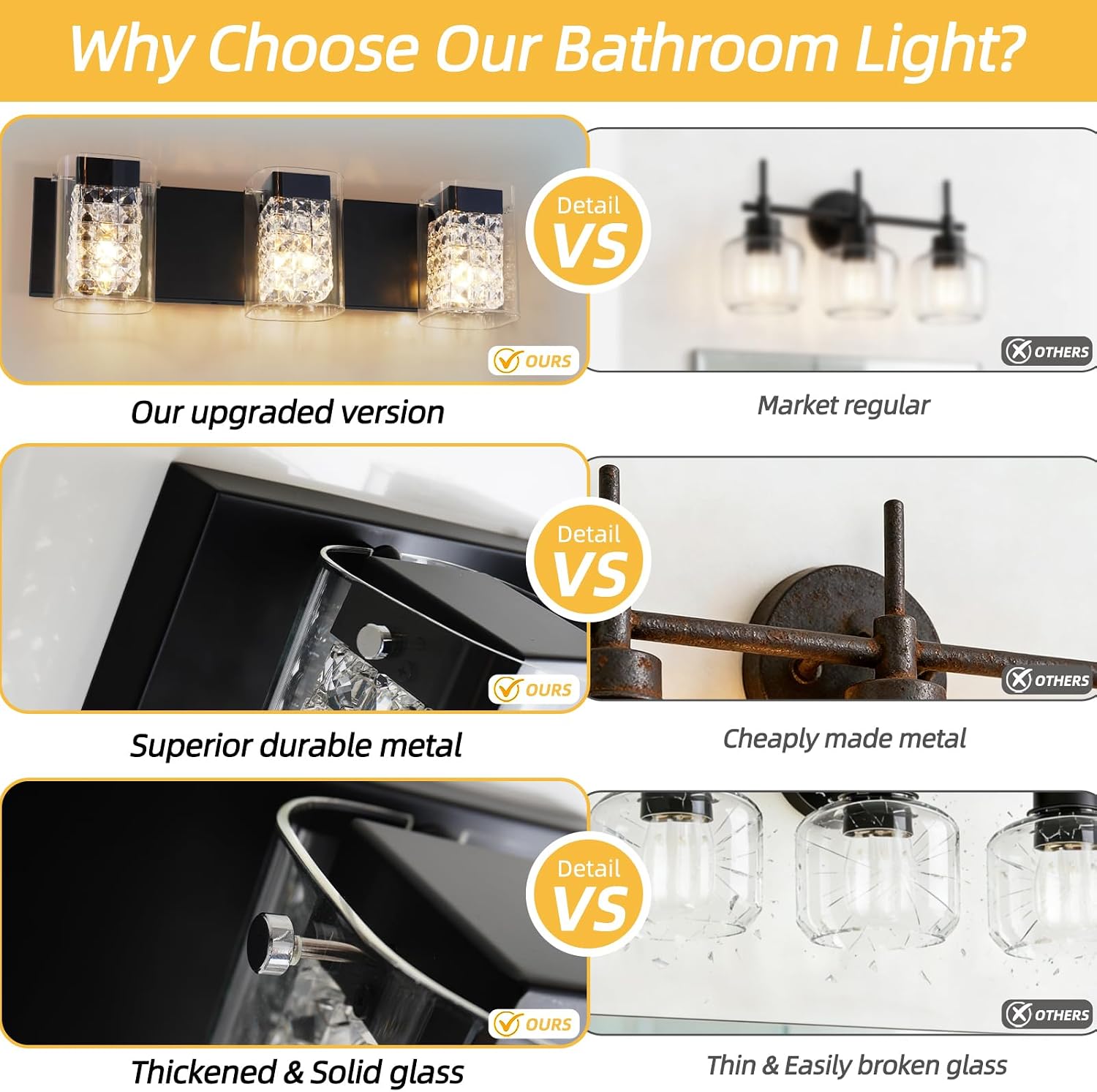 Modern Crystal Bathroom Light Fixtures, 3-Light Black Vanity Lights with Clear Shades, Bathroom Lighting Fixtures Over Mirror Wall Light for Living Room, Decoration,Bedroom（Exclude Bulb）