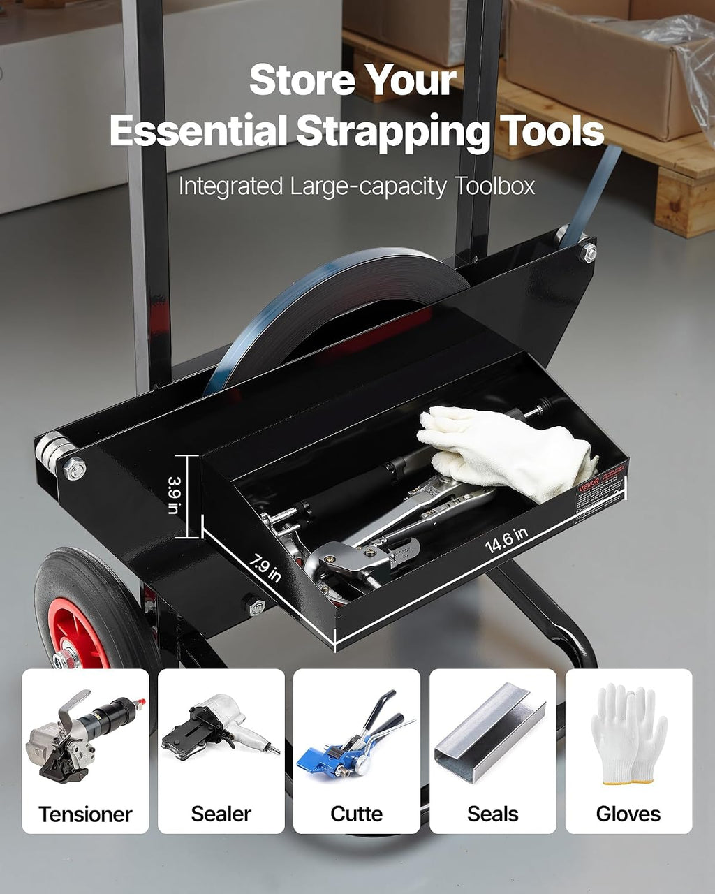 VEVOR Banding Strapping Cart, Fit for Steel Strapping Coils with 23.6 inches Core Outer Size, Heavy Duty Strapping Dispenser with Rubber Wheels, Suitable for Factory, Warehouse, Loading Area