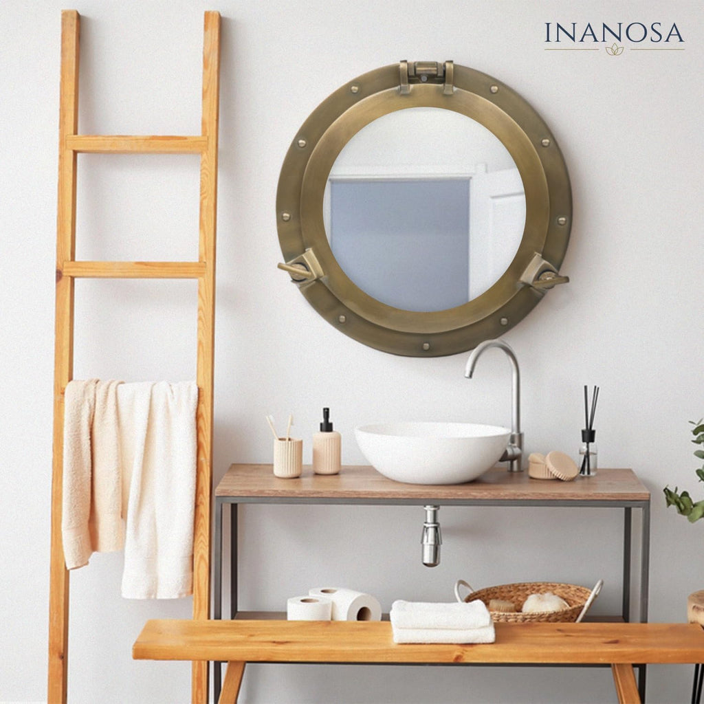 17 Inch Nautical Porthole Mirror for Bathroom – Antique Brass Vanity Porthole Mirror, Round Nautical Bathroom Decor Wall Mirror