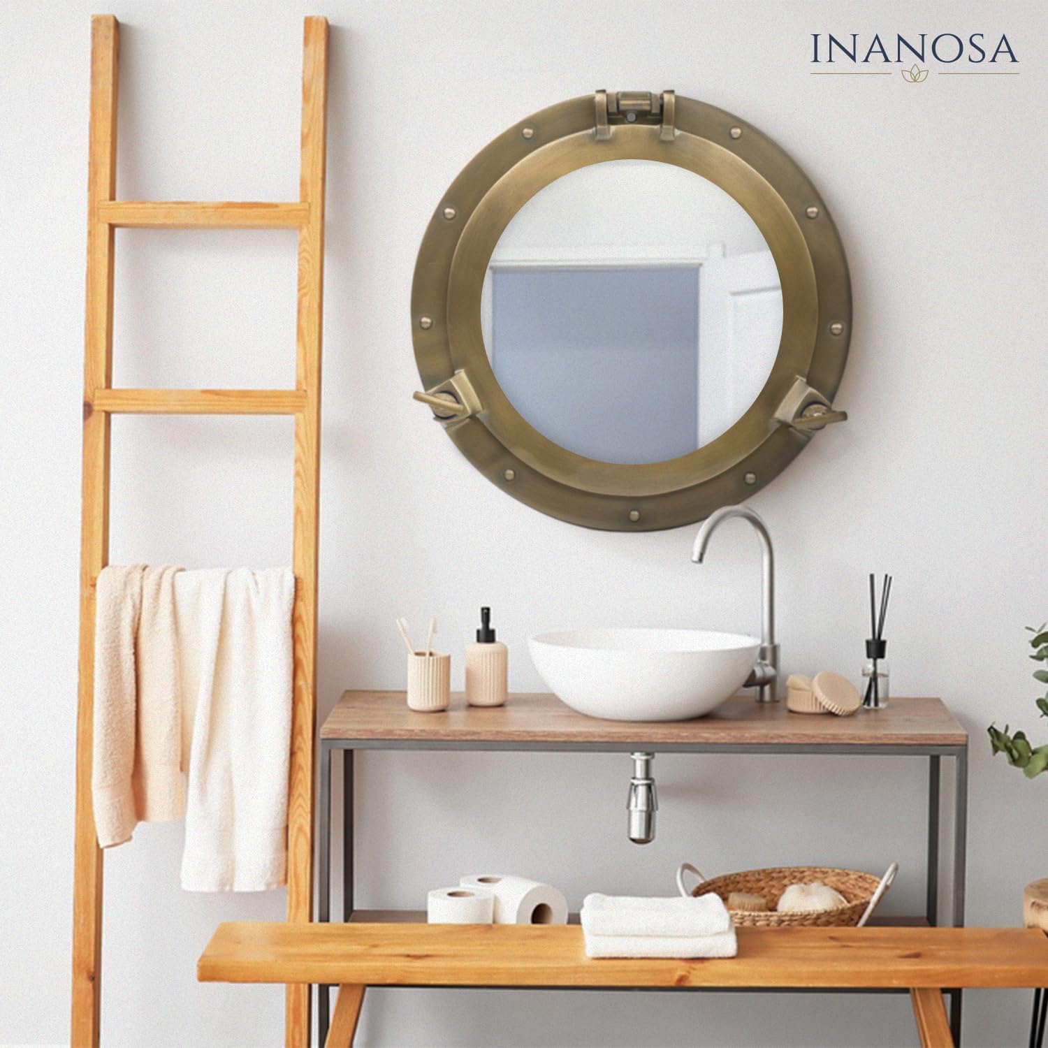 17 Inch Nautical Porthole Mirror for Bathroom – Antique Brass Vanity Porthole Mirror, Round Nautical Bathroom Decor Wall Mirror