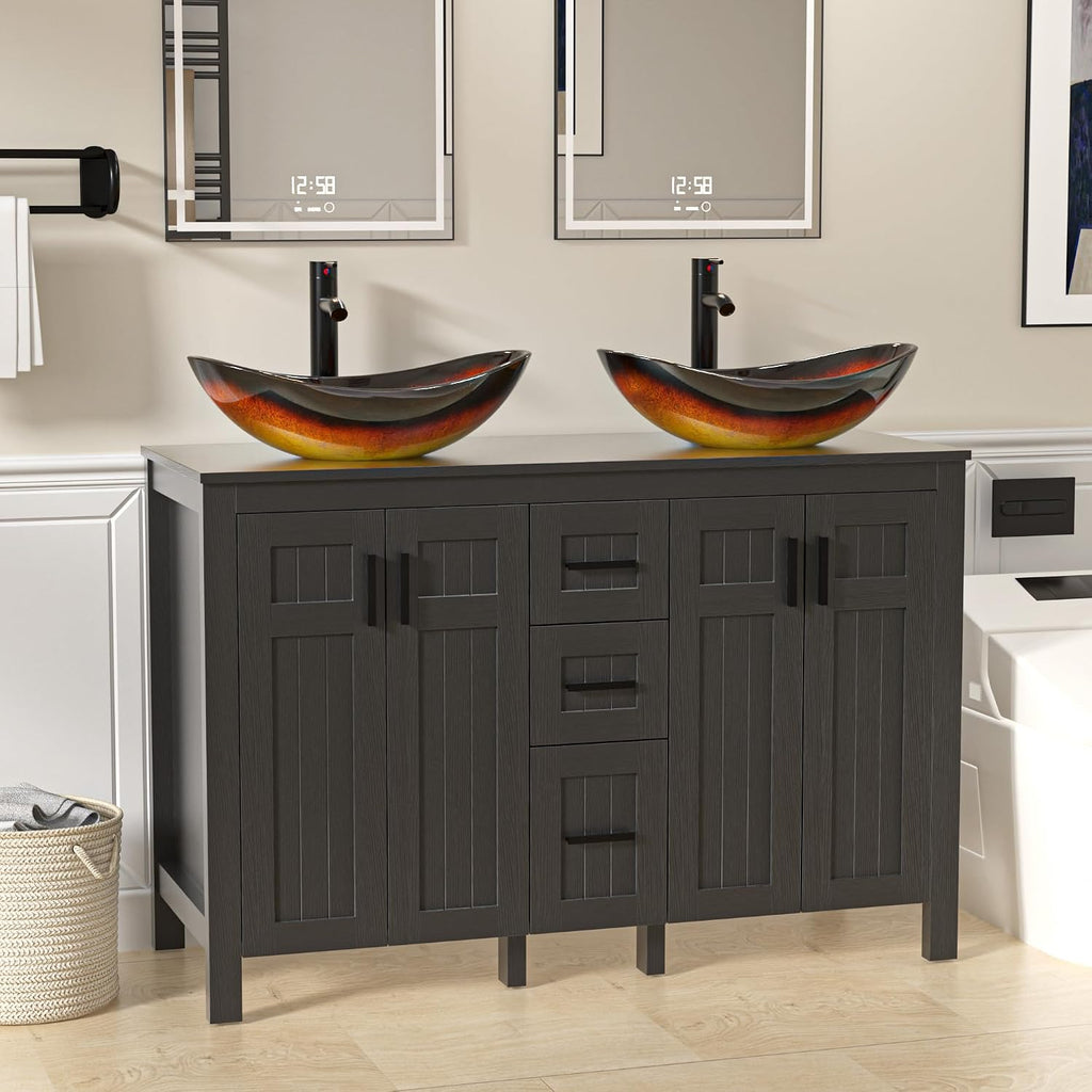 UEV 30' Bathroom Vanity with Sink Combo,Modern Freestanding Sink Cabinet with 3 Drawers,Stylish Bathroom Vanity Cabinet,Grooved Door,Metal Handles,Vessel Sink (Bronze Boat, 48''Black)