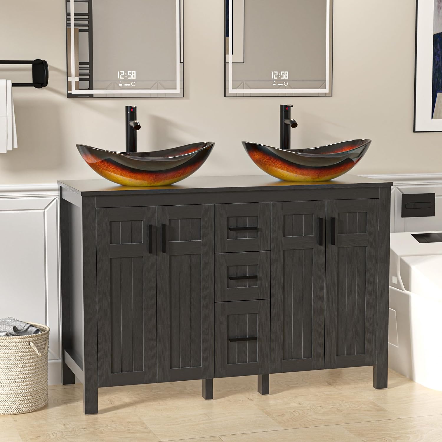 UEV 30' Bathroom Vanity with Sink Combo,Modern Freestanding Sink Cabinet with 3 Drawers,Stylish Bathroom Vanity Cabinet,Grooved Door,Metal Handles,Vessel Sink (Bronze Boat, 48''Black)