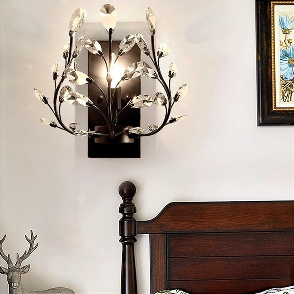 E14/E12 Creative Retro Crystal Wall Sconce with Wrought Iron Crystal Branch Design, Wall Mounted Lighting Fixture for Dining Room, Bathroom, Bedroom, Living Room, Entryway(Black)