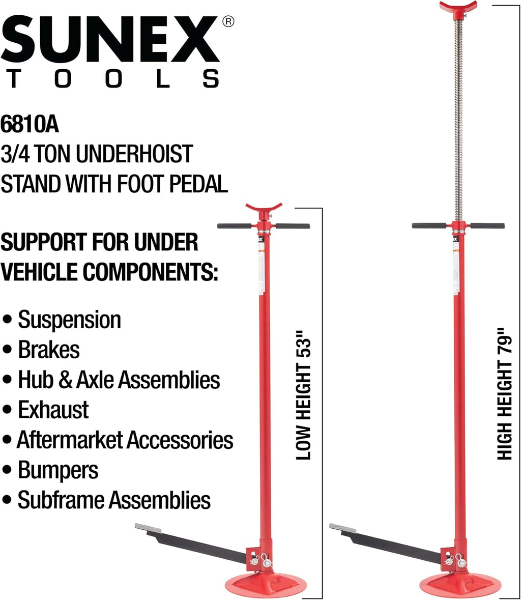 SUNEX TOOLS 6810A, Underhoist Support Stand with Foot Pedal, ¾ Ton Capacity, Large Base, Bearing Mounted Spin Handle, Height Adjustment Under Load, Lightweight, Supports Vehicle Components Only