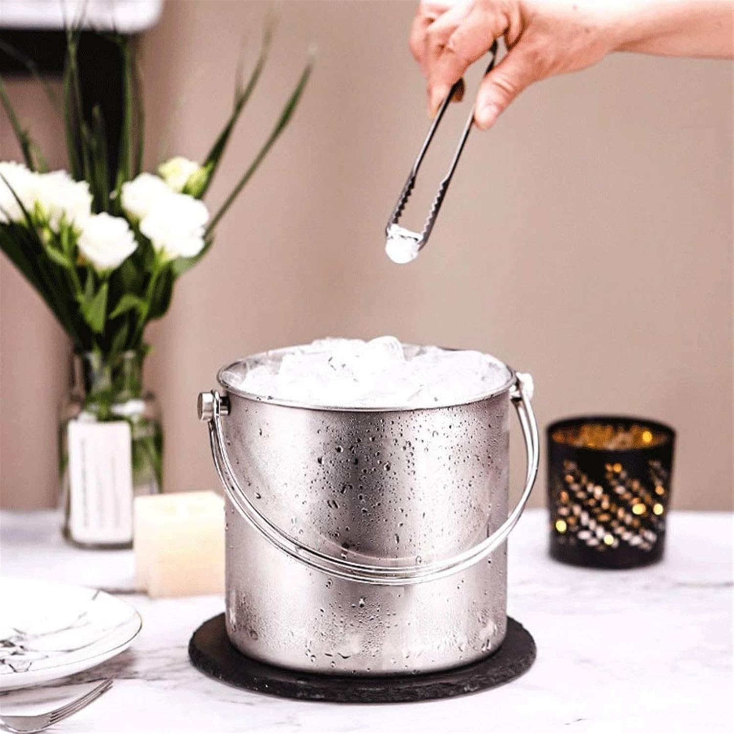 ice bucket, Ice Bucket - Ice Bucket with Scoop Lid and Handle, Stainless Steel (Size : Large)