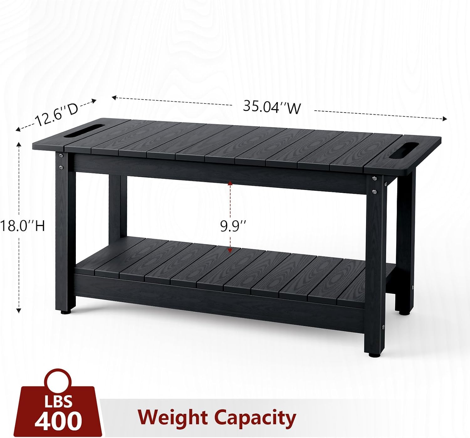 Stoog 35.5' Large Shower Bench, Waterproof Shower Stool with Storage Shelf and Handles, Adjustable and Non-Slip Feet, Shower Chair for Inside Shower, Black