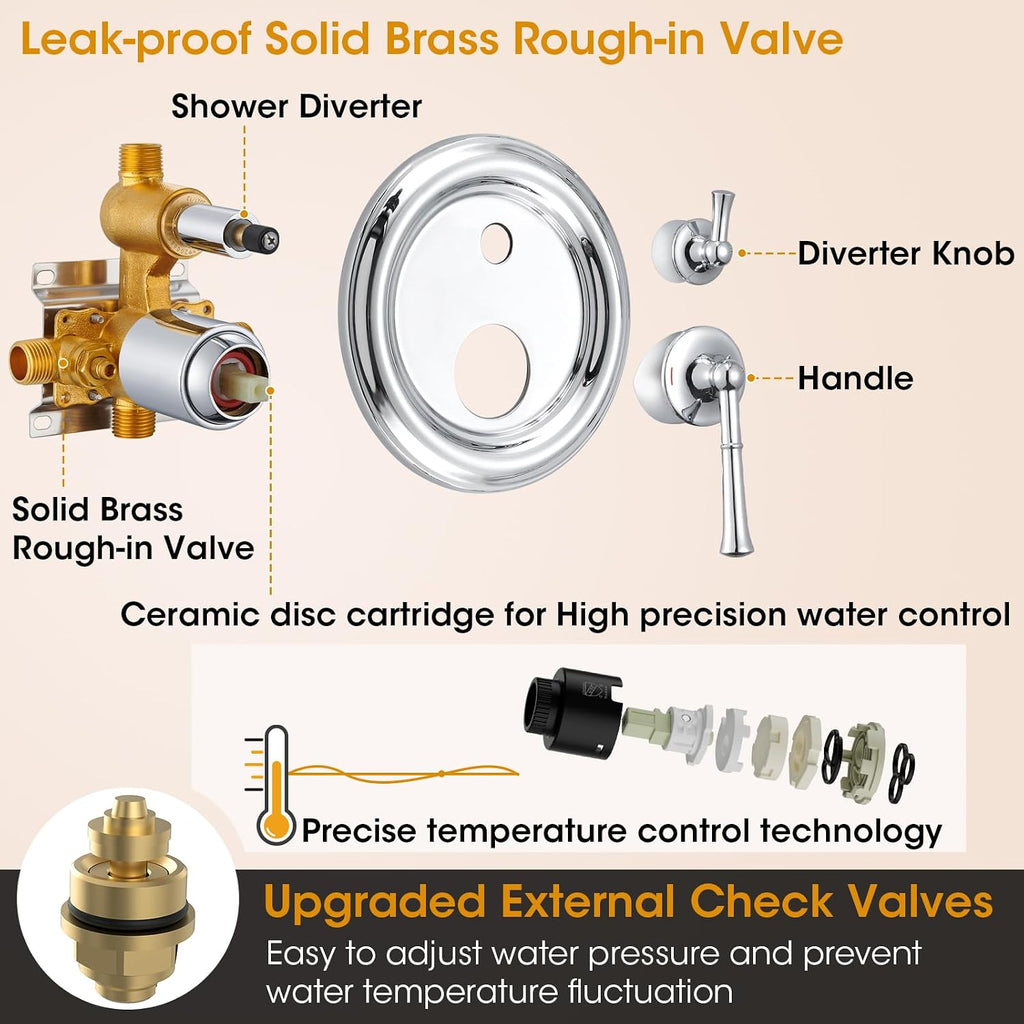 Chrome Rain Shower Heads with Handheld Spray Combo, Rain Shower System with Balance Pressure Valve, 9 inch Bathroom Luxury Rain Fall Shower Head with Antique Handshower Wall Mount, (B2312-CP)