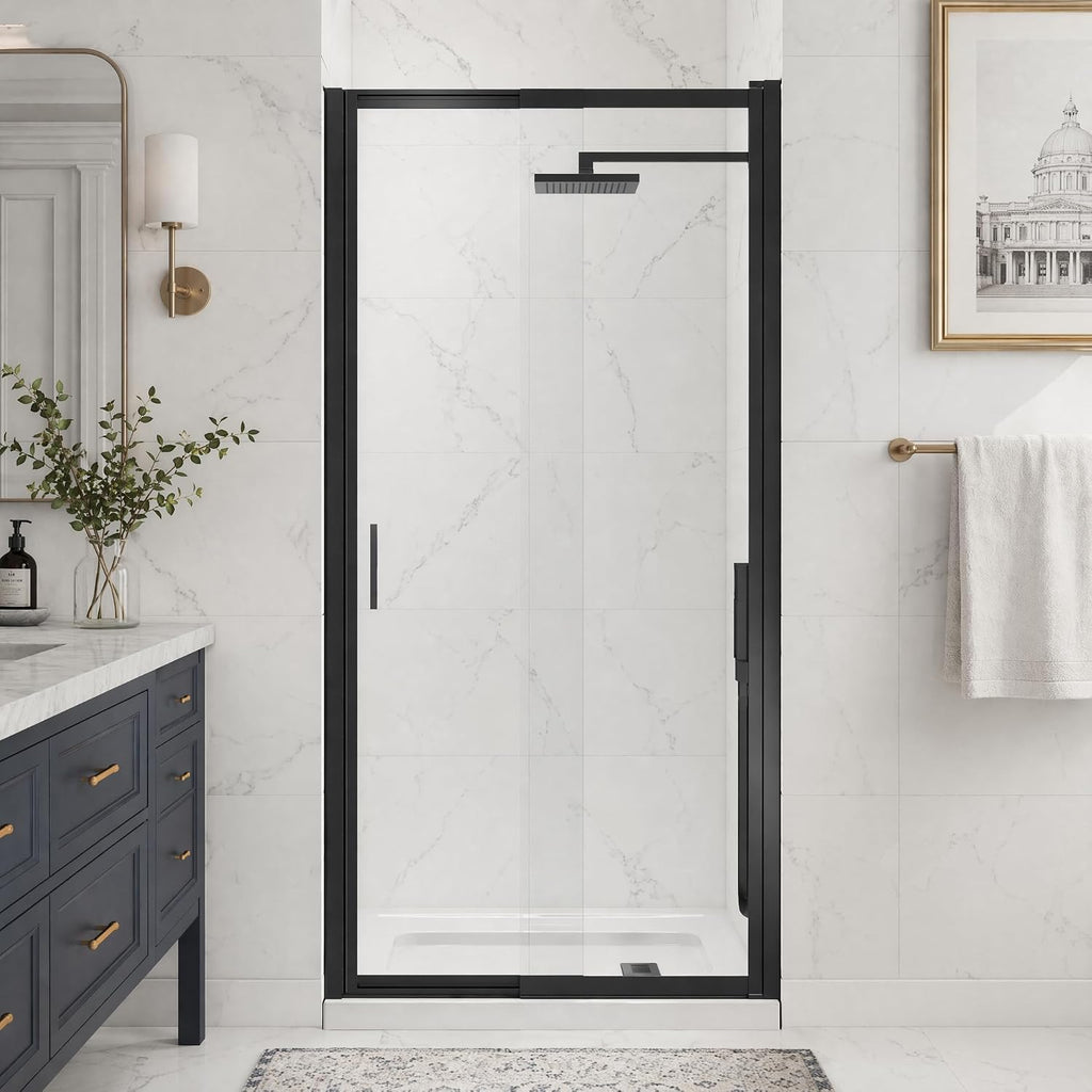 31-33' W x 72' H Slide-to-Overlap Pivot Shower Door, 180° Rotating Swing Shower Glass Door, SGCC Tempered Clear Glass,Matte Black