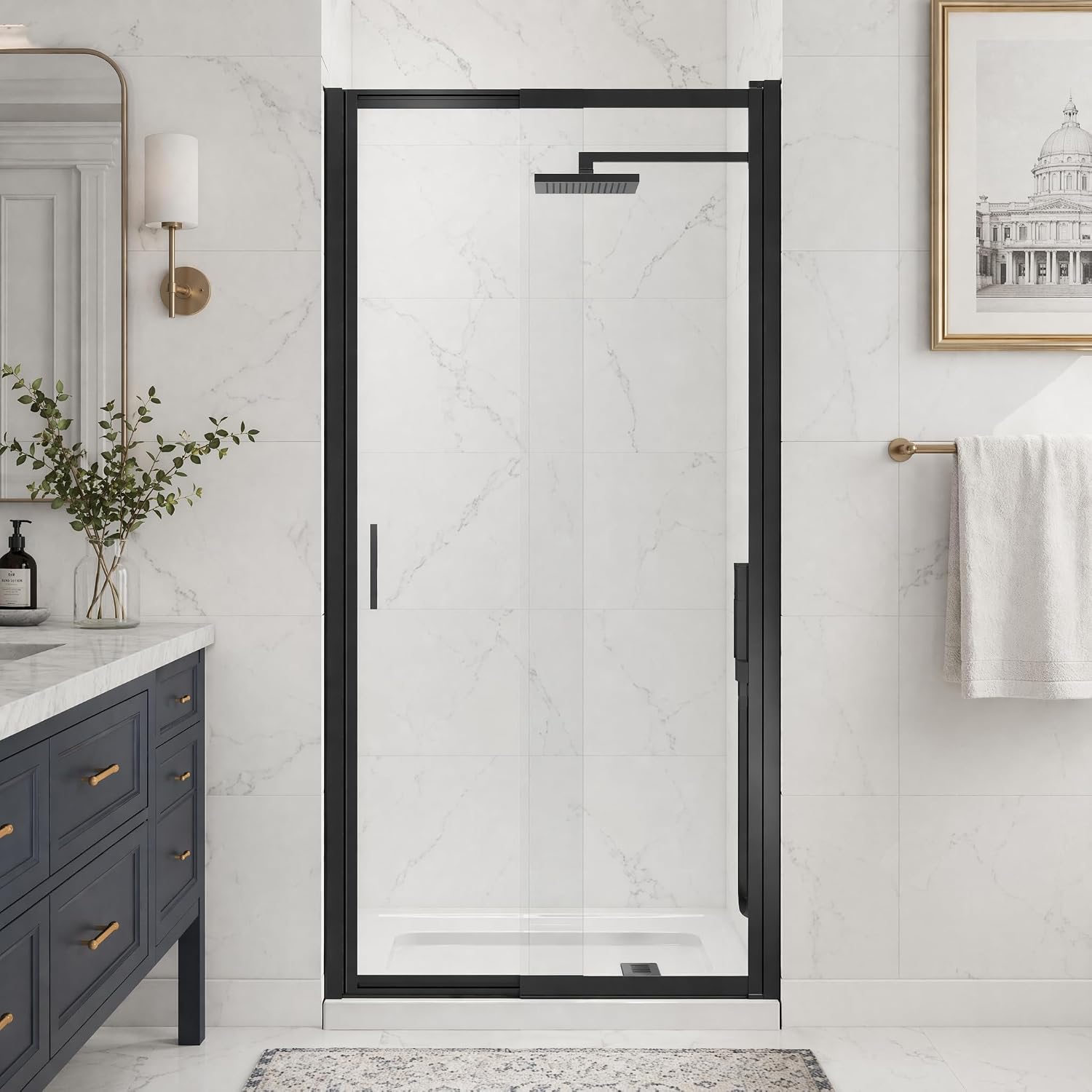 31-33' W x 72' H Slide-to-Overlap Pivot Shower Door, 180° Rotating Swing Shower Glass Door, SGCC Tempered Clear Glass,Matte Black