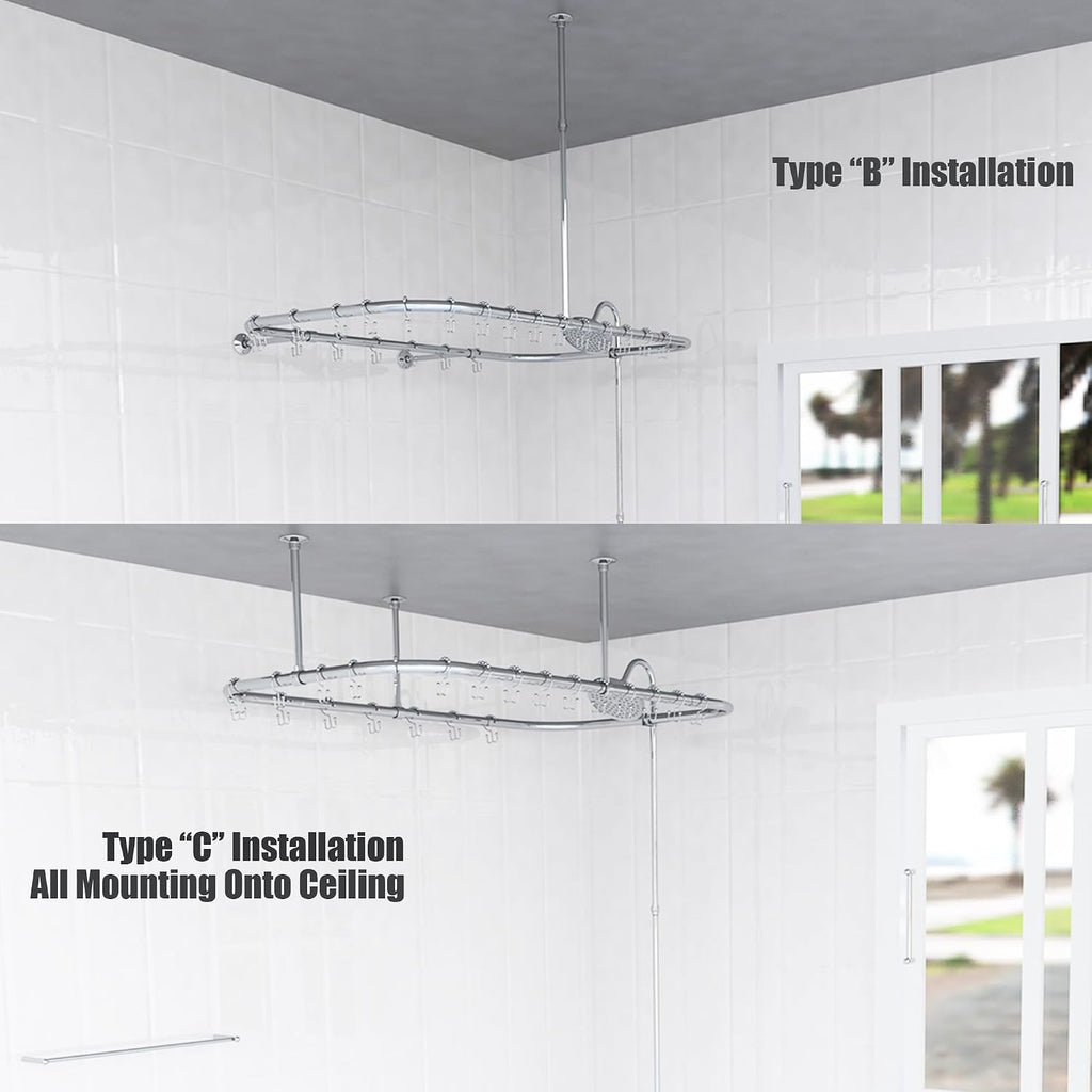 Clawfoot Tub Shower Kit, Add On Shower Units With Bathcock Diverter Faucet and 48' X 27' Rectangular Claw foot Tub Shower Curtain Rod Kit,Claw foot Tub Shower Faucet Set,Chrome Plated