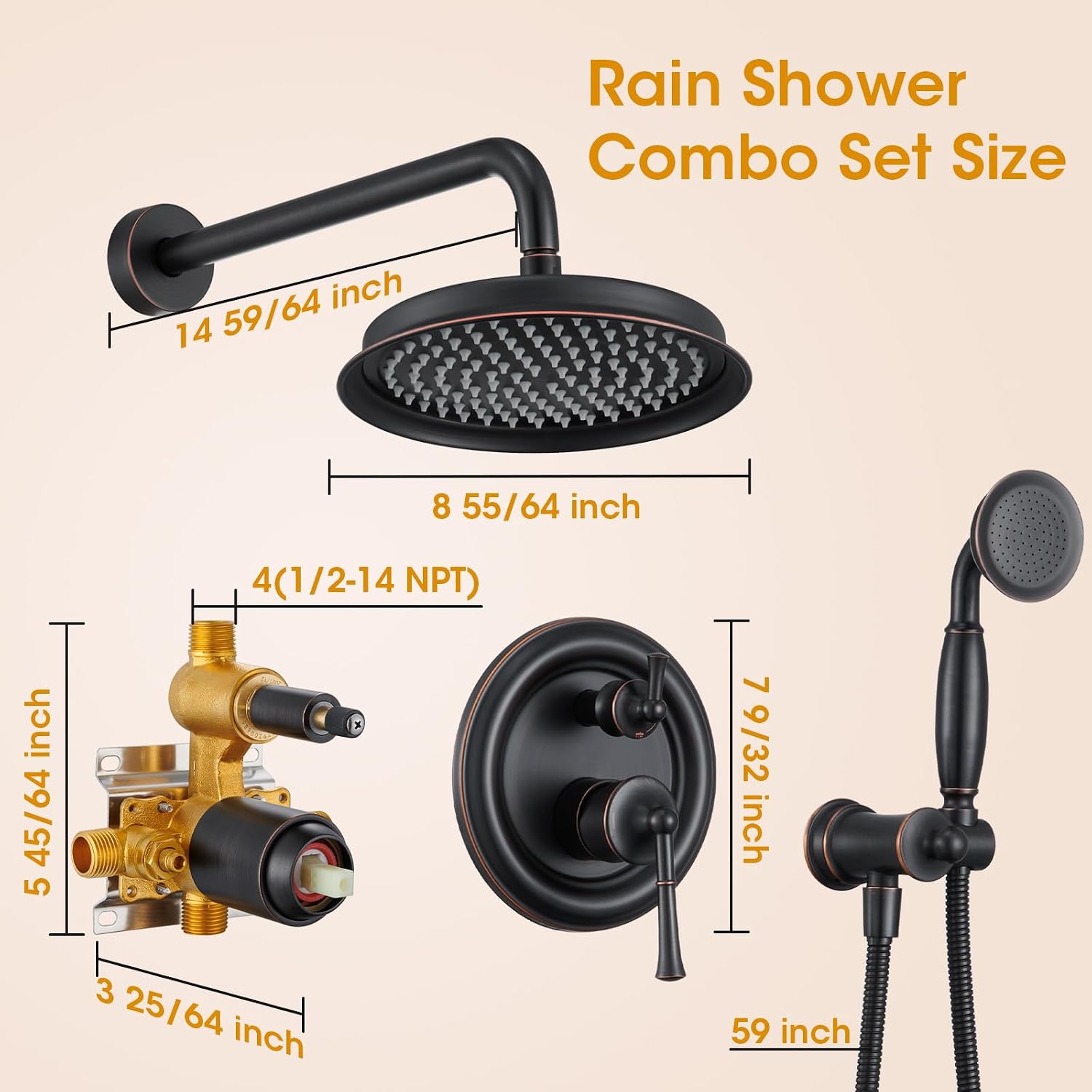 Antique Rain Shower Head with Handheld Spray, Oil Rubbed Bronze Rain Shower System with Rough-in Balance Pressure Valve, 9 inch Bathroom Luxury Rain Fall Shower Head Wall Mount Round, (B2312-ORB)