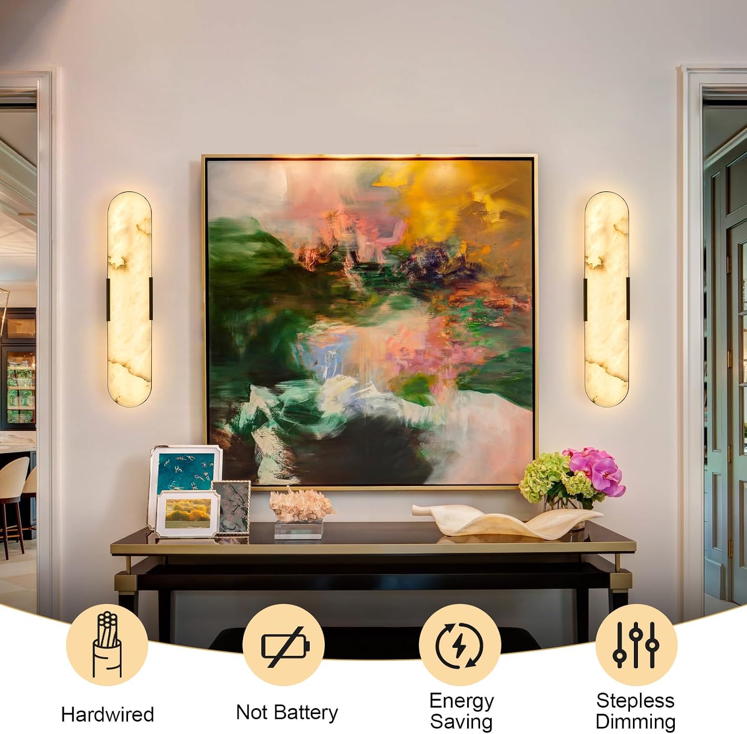 Alabaster Wall Sconces 20' LED Tunable 3000K~6000K Bathroom Vanity Wall Lights Vintage Natural Marble Wall Lamp Black Alabaster Wall Lighting Fixtures for Bedroom Hallway Living Room