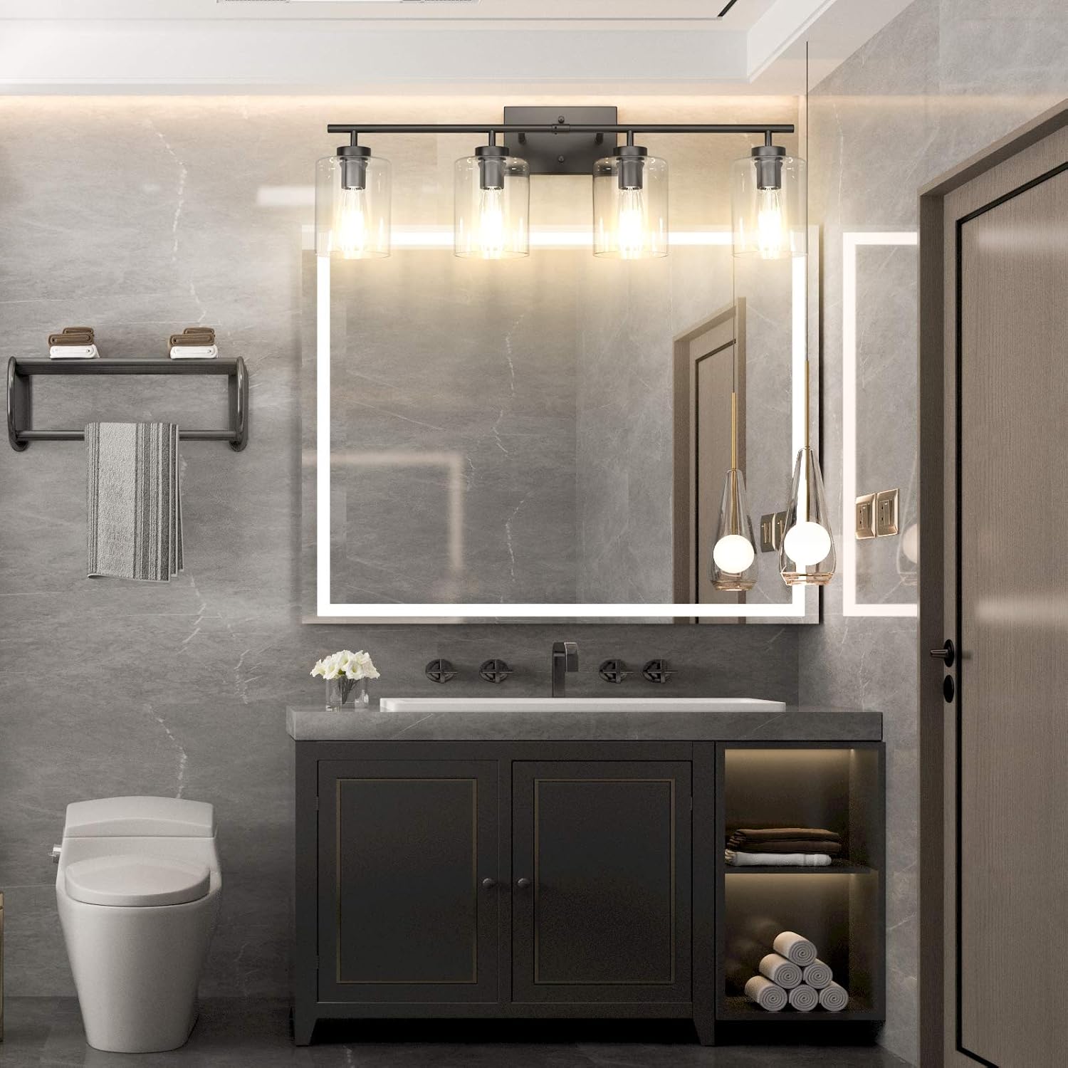Aipsun 4 Lights Black Bathroom Vanity Light Over Mirror with Clear Glass Shades Industrial Bathroom Light Fixtures (Exclude Bulb)