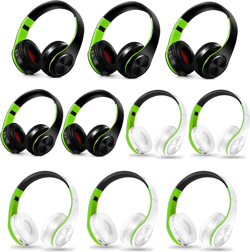 Bluetooth Headphones, Chat- Comfortable Over Ear Stereo Headphsets with Mic, Soft Earmuffs/Foldable/SD/TF, 20H Playtime, Great for Music/OFC/Tour/Gym/Game (10 pcs Green Colors)