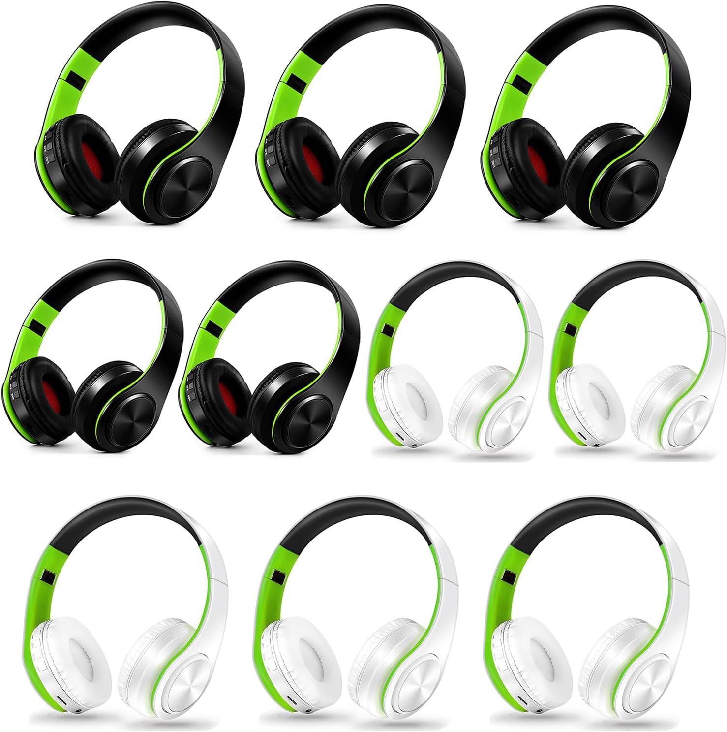 Bluetooth Headphones, Chat- Comfortable Over Ear Stereo Headphsets with Mic, Soft Earmuffs/Foldable/SD/TF, 20H Playtime, Great for Music/OFC/Tour/Gym/Game (10 pcs Green Colors)