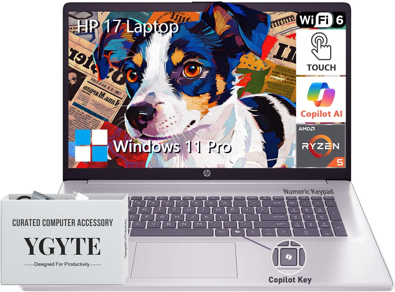 HP 17 Inch Touchscreen Laptop PC, 17.3' HD+ Touch Screen Business Laptop Computer, AMD Ryzen 5 (6-Core) | Windows 11 Pro | 10-Key Number Pad | Wi-Fi 6 | 16GB RAM 1TB SSD