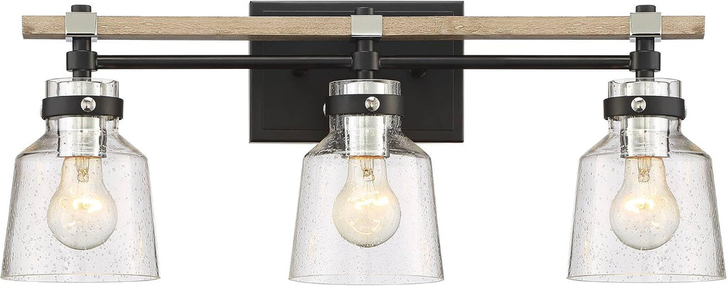 Possini Euro Design Broadway Modern Industrial Wall Light Black Painted Faux Wood Hardwired 23' 3-Light Fixture Clear Seedy Glass Shade for Cottage Core Bedroom Bedside Bathroom Vanity Living Room