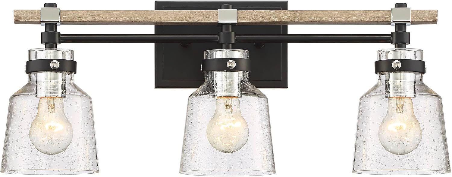 Possini Euro Design Broadway Modern Industrial Wall Light Black Painted Faux Wood Hardwired 23' 3-Light Fixture Clear Seedy Glass Shade for Cottage Core Bedroom Bedside Bathroom Vanity Living Room