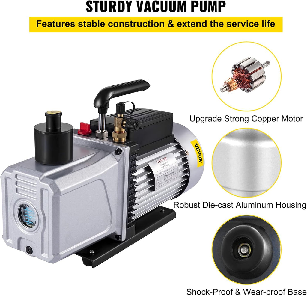 VEVOR Vacuum Pump 12CFM 1 HP Single Stage Air Conditioning Vacuum Pump 110V 5PA Ultimate Vacuum Refrigerant HVAC Air Tool Rotary Vane Vacuum Pump for Automobile Vacuum Evacuation