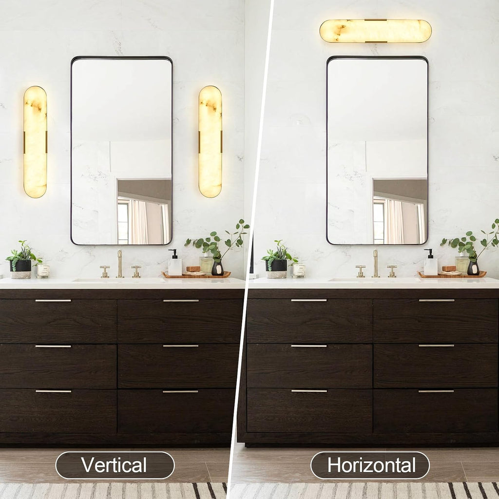Gold Alabaster Wall Sconces Set of Two 20' Natural Marble LED Wall Lights, Mid Century Marble Wall Lamp Bathroom Vanity Indoor Alabaster Wall Lighting Fixtures for Bedroom Hallway Stairs