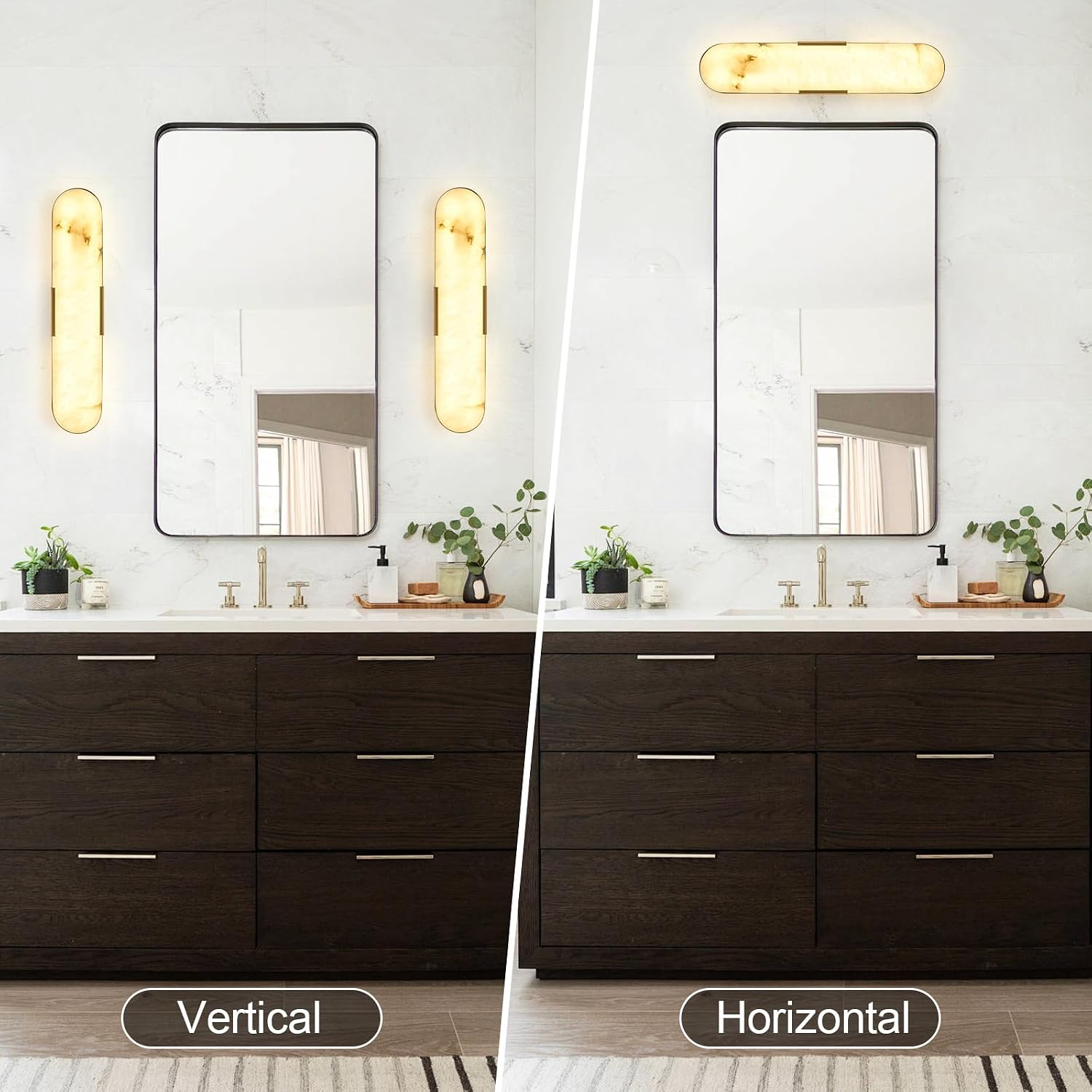 Gold Alabaster Wall Sconces Set of Two 20' Natural Marble LED Wall Lights, Mid Century Marble Wall Lamp Bathroom Vanity Indoor Alabaster Wall Lighting Fixtures for Bedroom Hallway Stairs