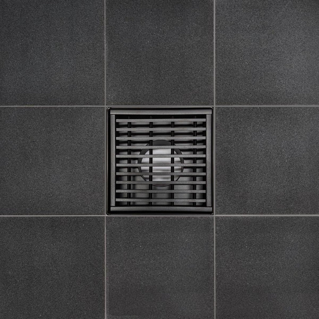 SereneDrains 304 Stainless Steel 4 Inch Square Matte Black Shower Drain Kit for Tile Floor Drain Grate Cover Hair Catcher Trap Strainer Filter (Matte Black, Linear Wedge Design)