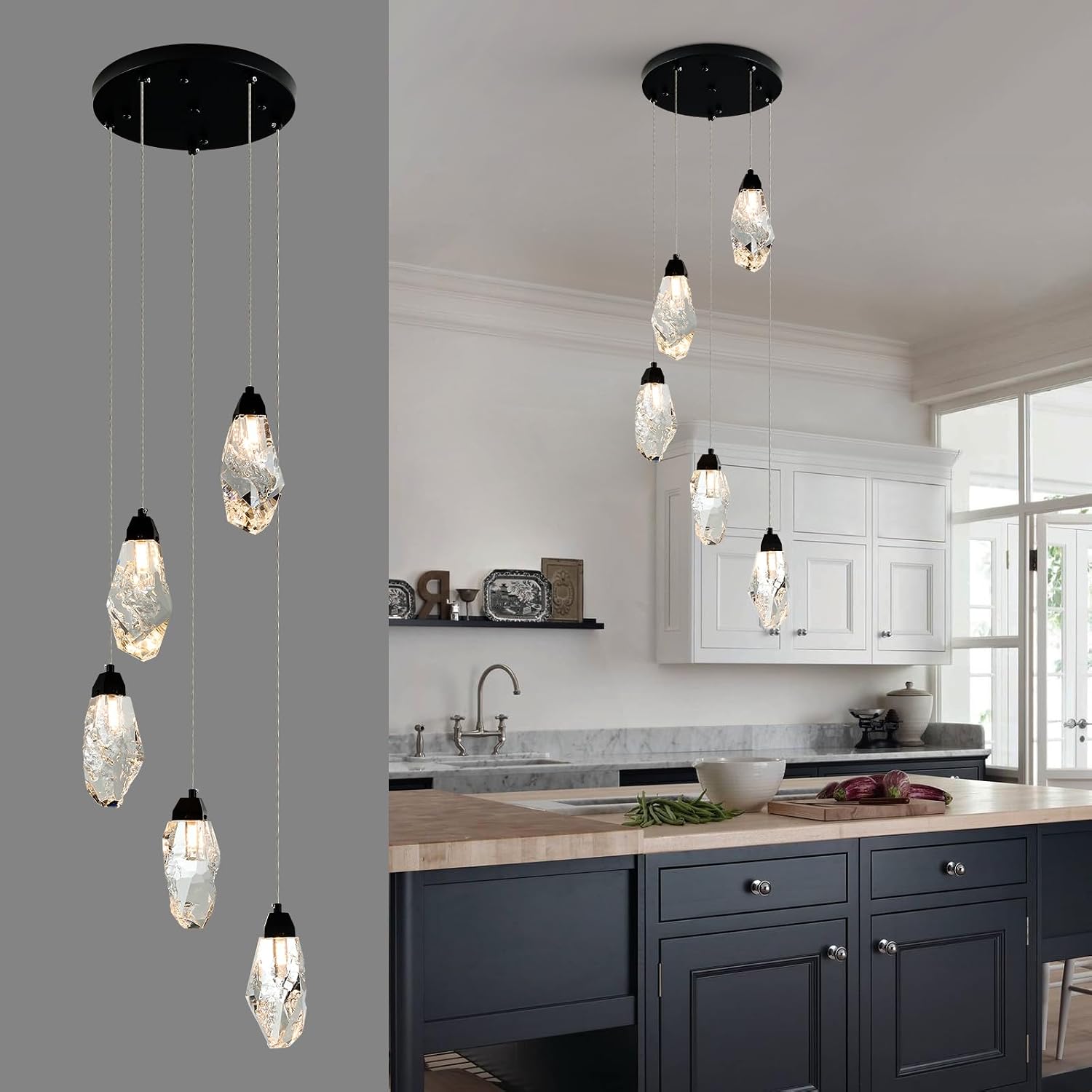5-Light Modern Crystal Chandelier Dimmable Pendant Light Fixture with Black Teardrop Design Diamond Pendant Lighting for Kitchen Island, Dining Room, Hallway, Bathroom