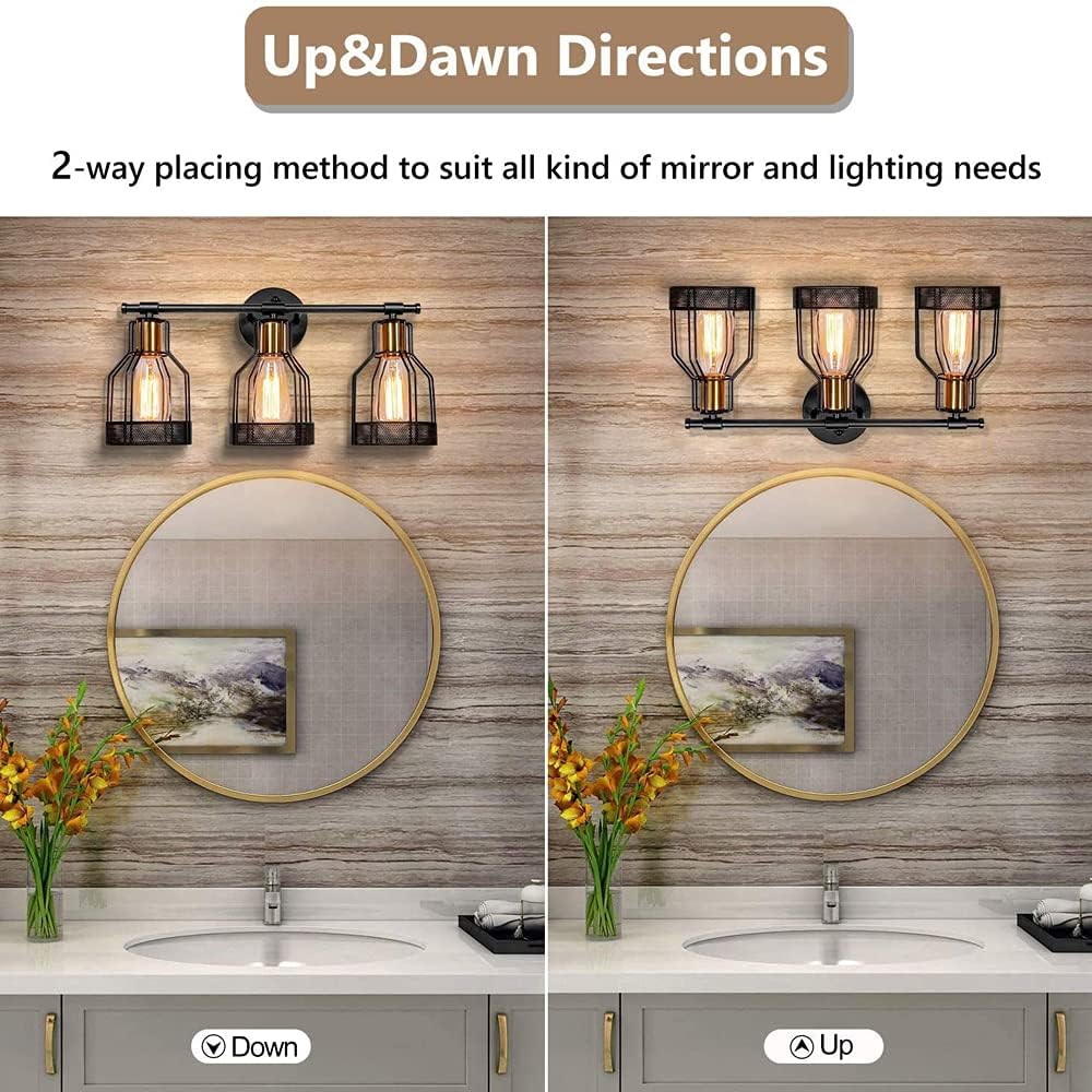 E26 3 Heads Wrought Iron Wall Lights Industrial Lighting, Bathroom Indoor Cage Light Fixture, Metal Shade with Black FinishApply to Living Room Restaurant Cafe Corridor