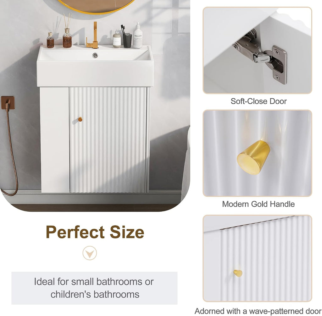 21.6-inch Bathroom Vanity with Sink, Wall-Mounted Vanity Cabinet with Storage Cabinet & Left Two-Tier Shelf, Solid Wood Bath Vanity Organizer with Ceramic Sink for Bathroom, White