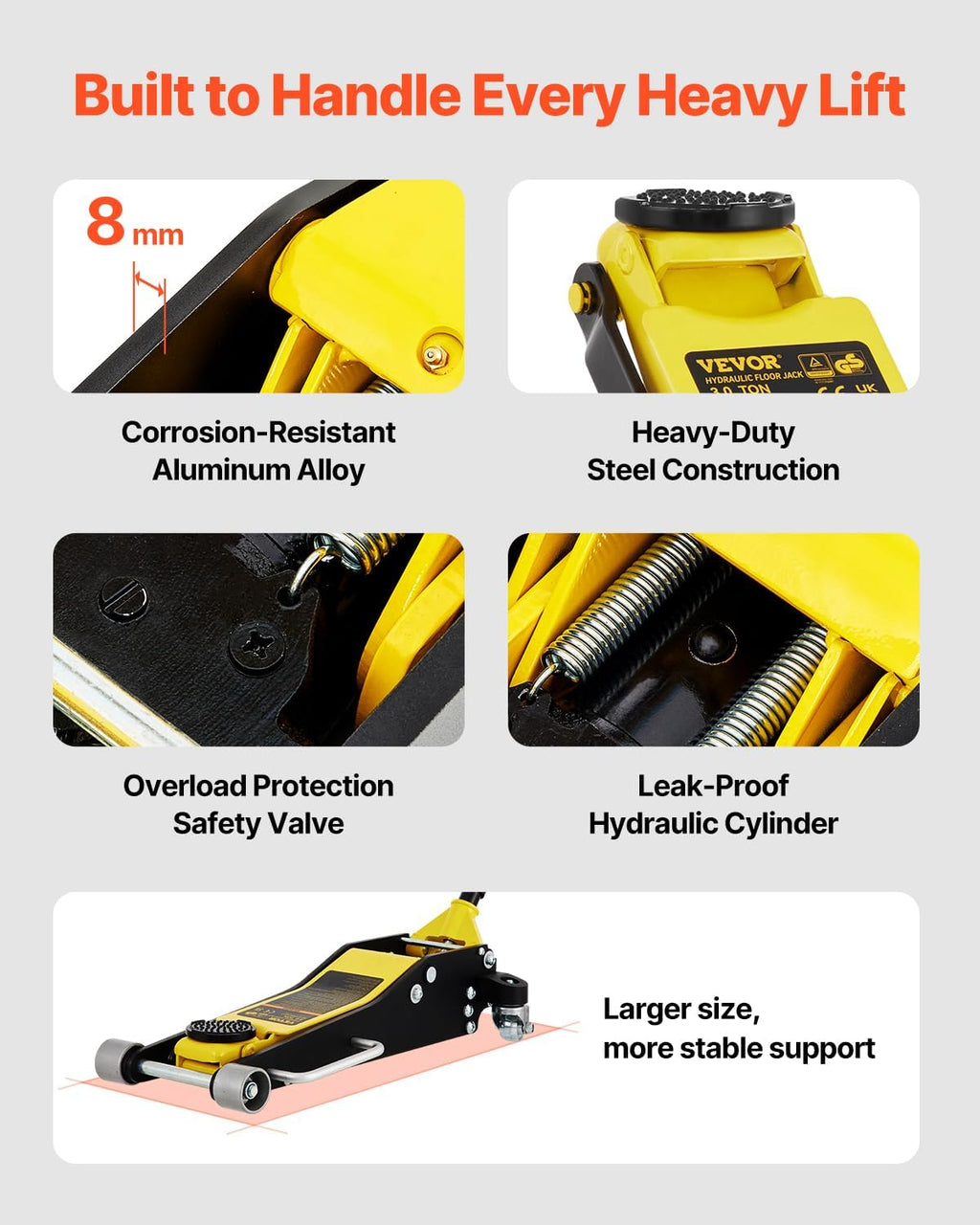 VEVOR 3 Ton Low Profile Aluminum & Steel Racing Floor Jack | Dual Pistons Quick Lift Pump, Sport Utility Vehicle, Lifting Range 3-6/11'-19-11/16', Yellow & Black