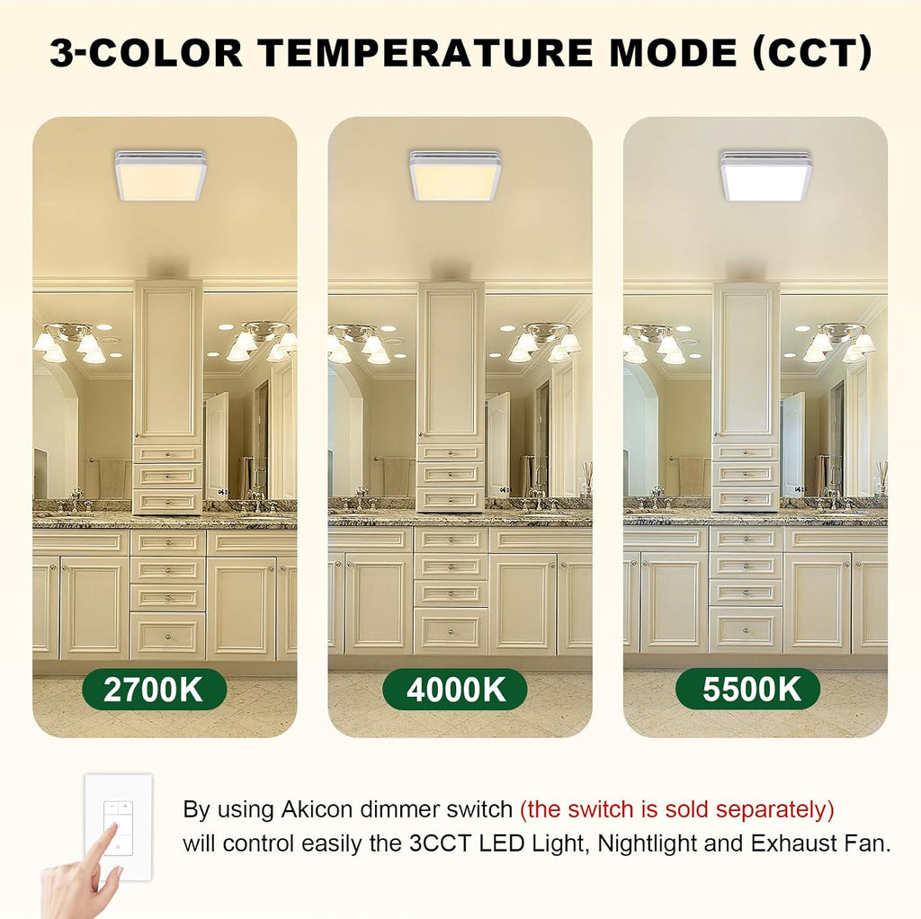 Akicon Bathroom Exhaust Fan with Light, 80CFM 2.0 Sones Powerful Bathroom Fan and Humidity Sensor Switch Combo, 3CCT LED Light and Nightlight Ventilation Fan for Home, Square, Sliver