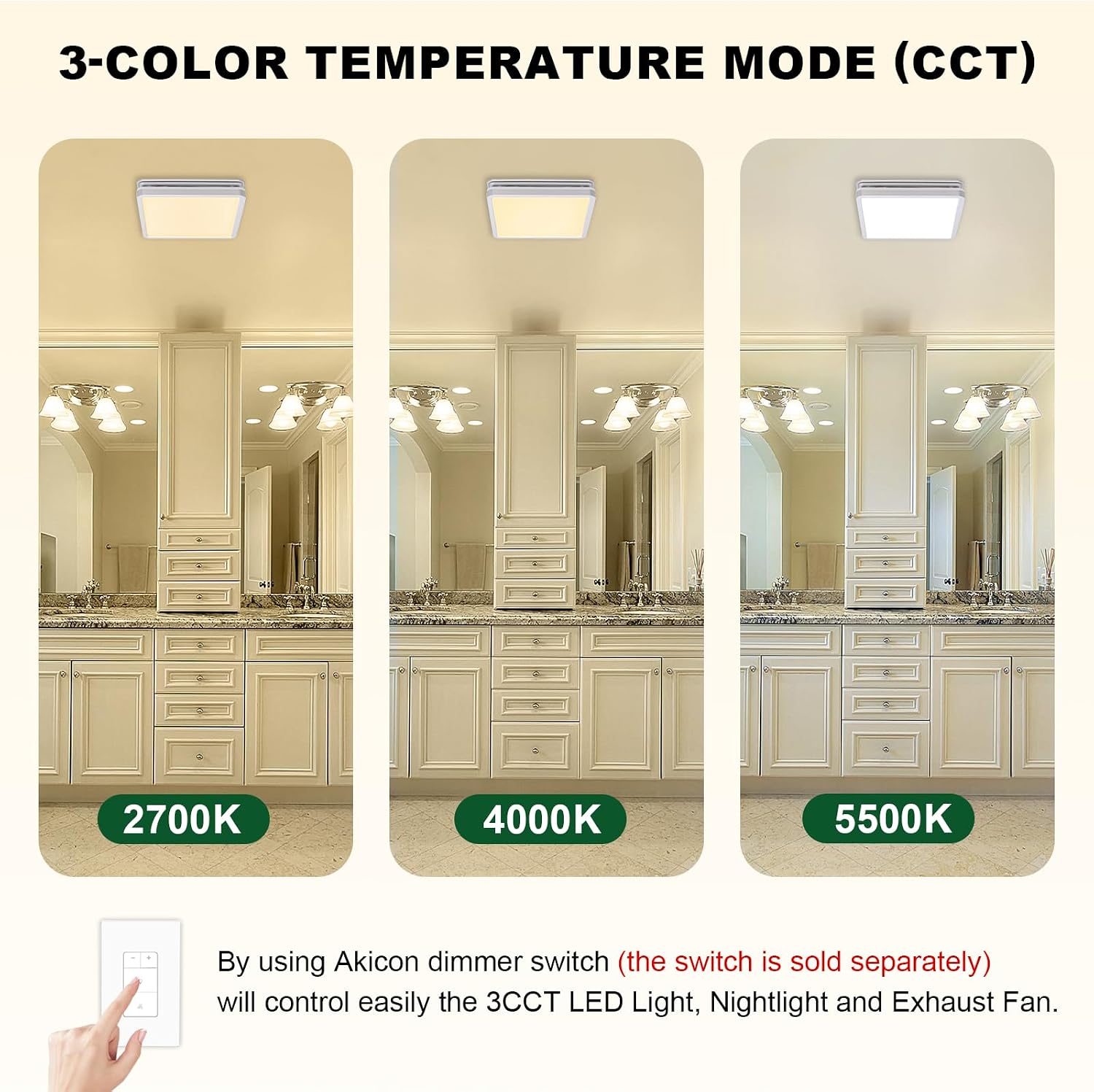 Akicon Bathroom Exhaust Fan with Light, 80CFM 2.0 Sones Powerful Bathroom Fan and Humidity Sensor Switch Combo, 3CCT LED Light and Nightlight Ventilation Fan for Home, Square, Sliver