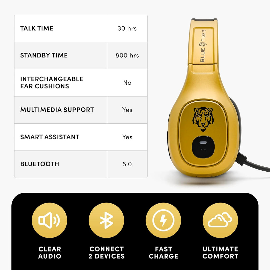Blue Tiger Storm Gold - Premium Trucker Bluetooth Headset-Wireless Noise Canceling Mono Headset with Mic -High-Fidelity Sound, 30-Hour Talk Time, USB-C Charging - for Truck Drivers, Bluetooth 5.0