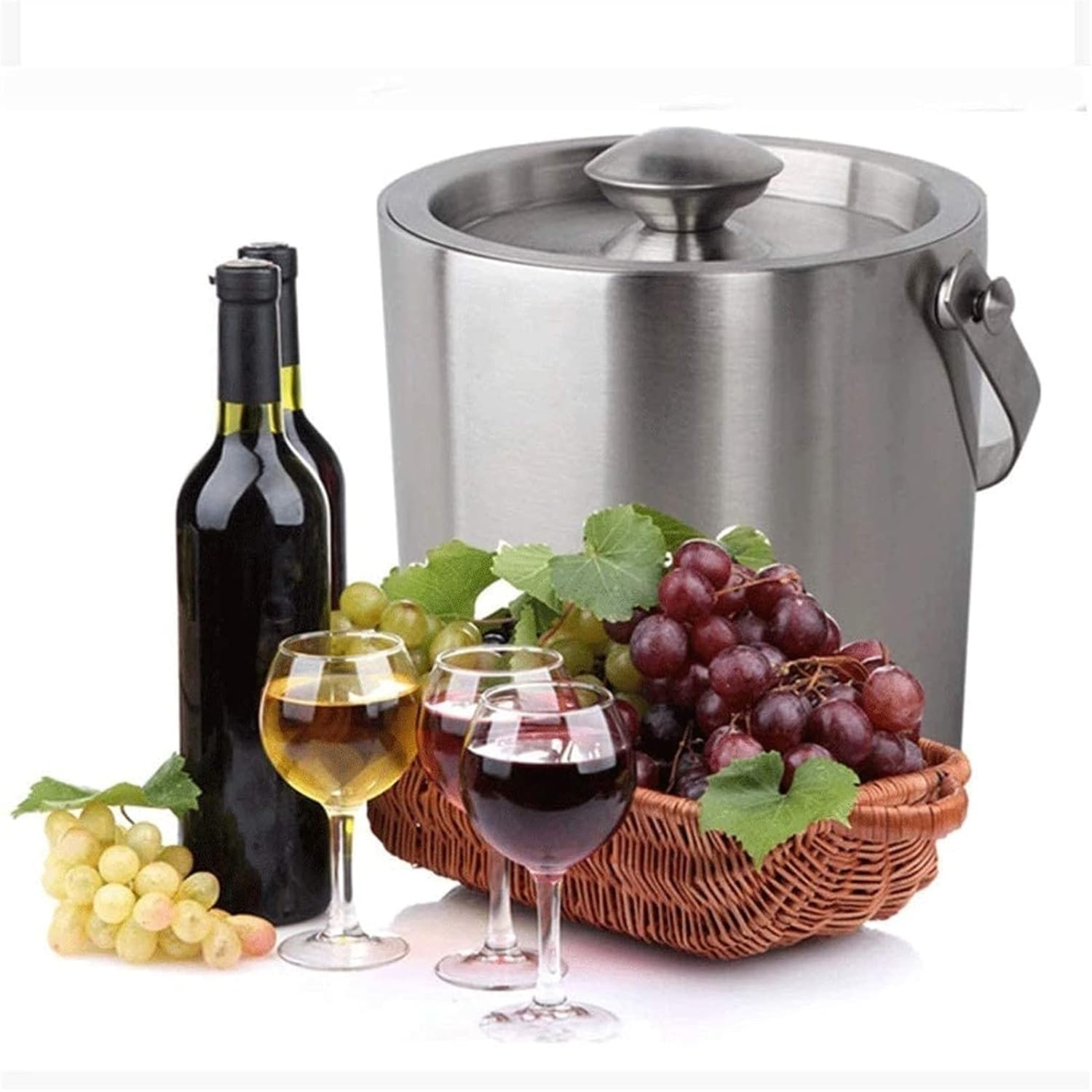 BTZHY Ice Bucket,Wine Glass Ice Bucket, with Scoop Lid and Handle, Stainless Steel
