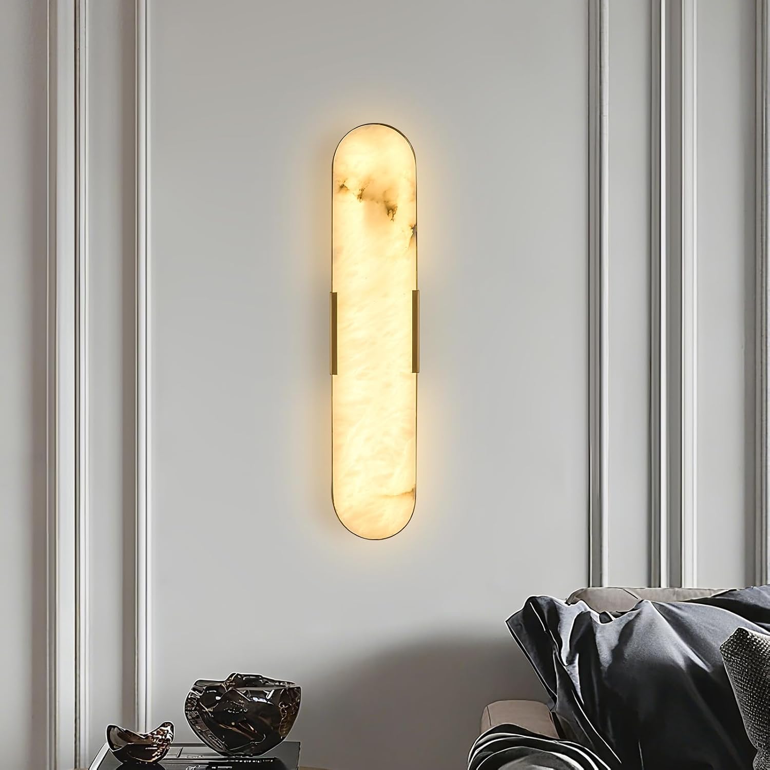 20' Gold Alabaster Wall Sconce, Brass Vintage Natural Marble Wall Light, LED Tunable 3000K-6000K Vanity Wall Lamp Fixture for Bathroom Bedroom Hallway Living Room