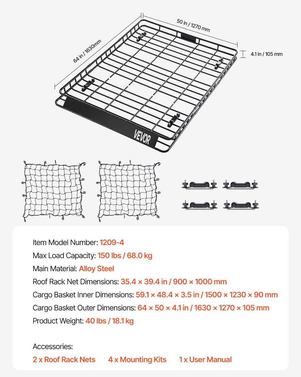 VEVOR Roof Rack Basket, 64 x 50 x 4.1 in, Universal Rooftop Cargo Carrier with Two 35.4 x 39.4 in Cargo Net,150 lbs Max Car Top Luggage Holder, 4.1 in Fence, Anti-Rust Alloy Steel, for SUV Truck Car