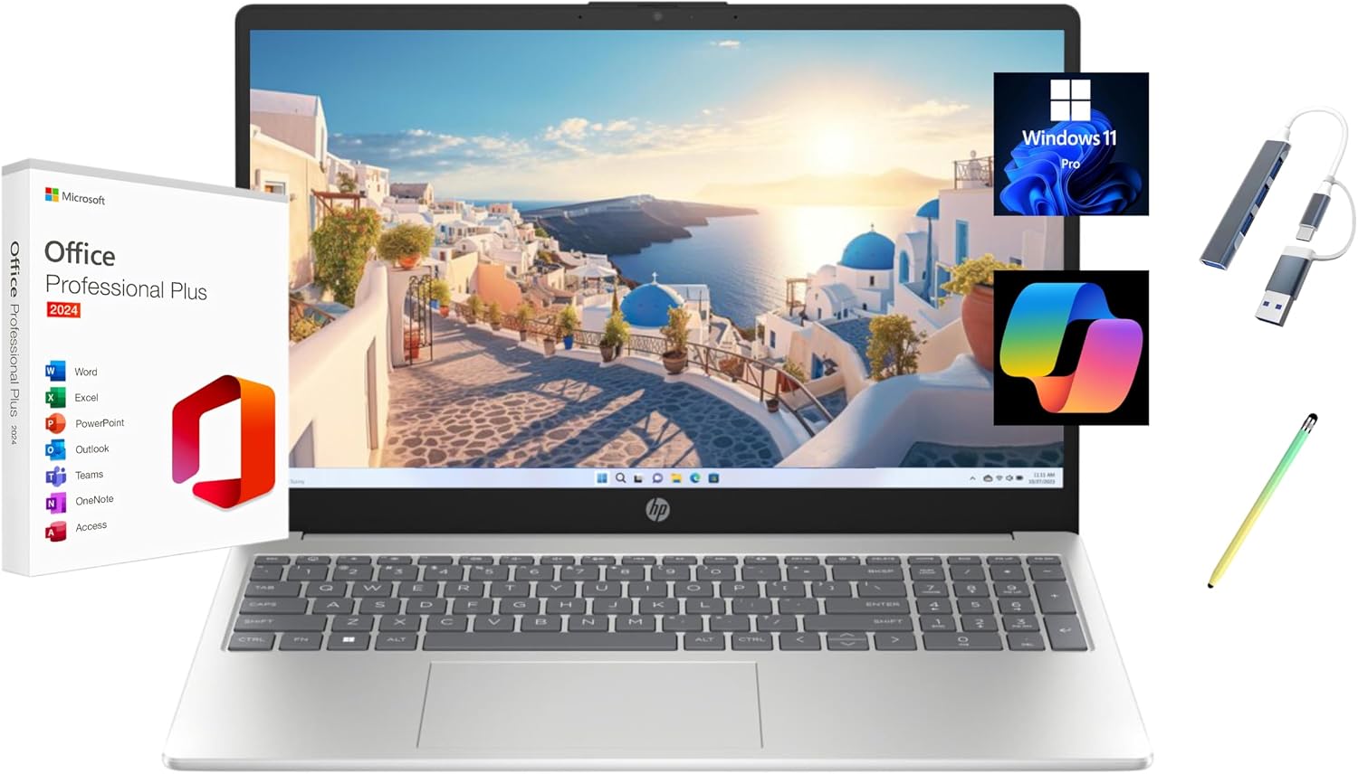 HP 2025 Pavilion 15.6' FHD Touchscreen Laptop, with Free Lifetime Microsoft Office 2024, Intel Core i7-1355U, 16GB RAM, 1TB SSD, Windows 11 Pro, Natural Silver, Copilot, with USB Hub & Stylus Pen